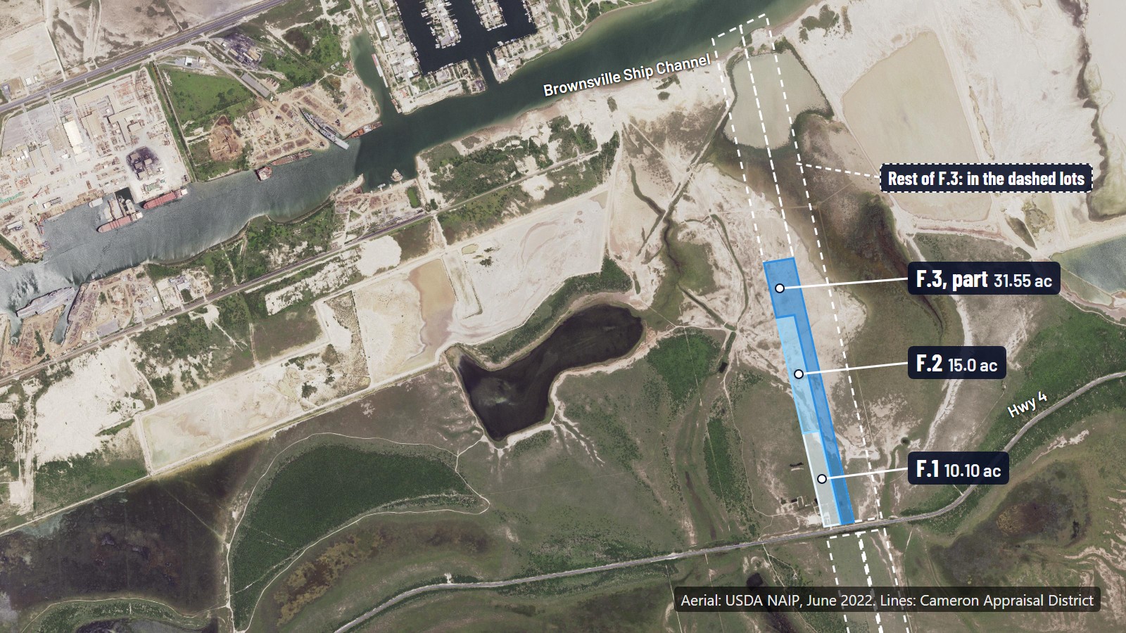 Aerial with three adjoining strips north of State Highway 4 outlined in blue: F.1 10.10 acres, F.2 15.0 acres and part of F.3, 31.55 acres