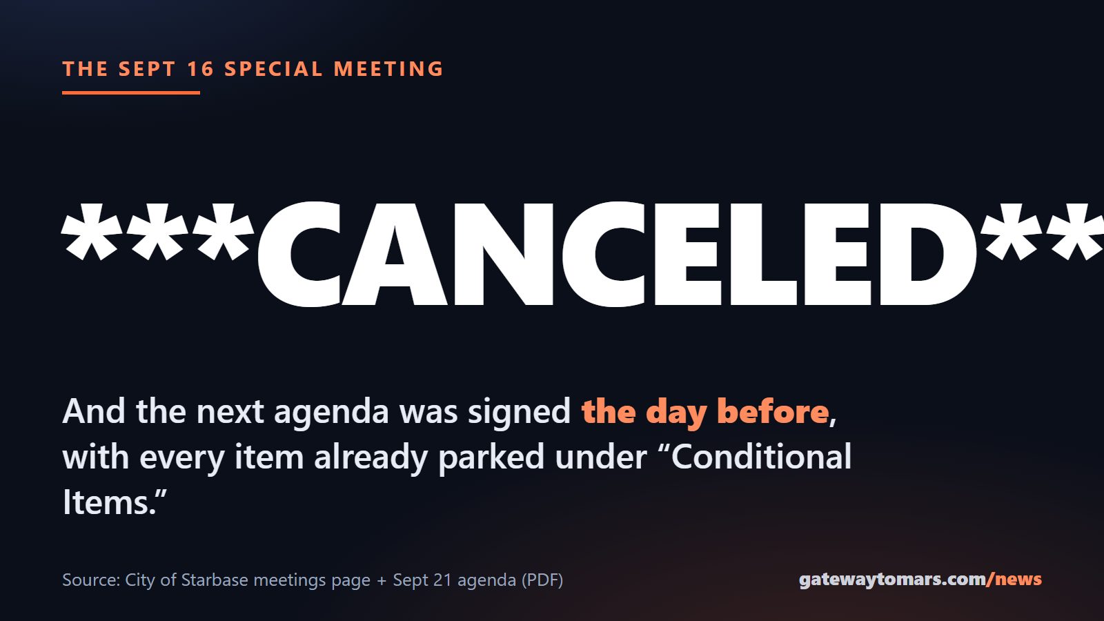 The September 16 special meeting was canceled, and the next agenda was signed the day before