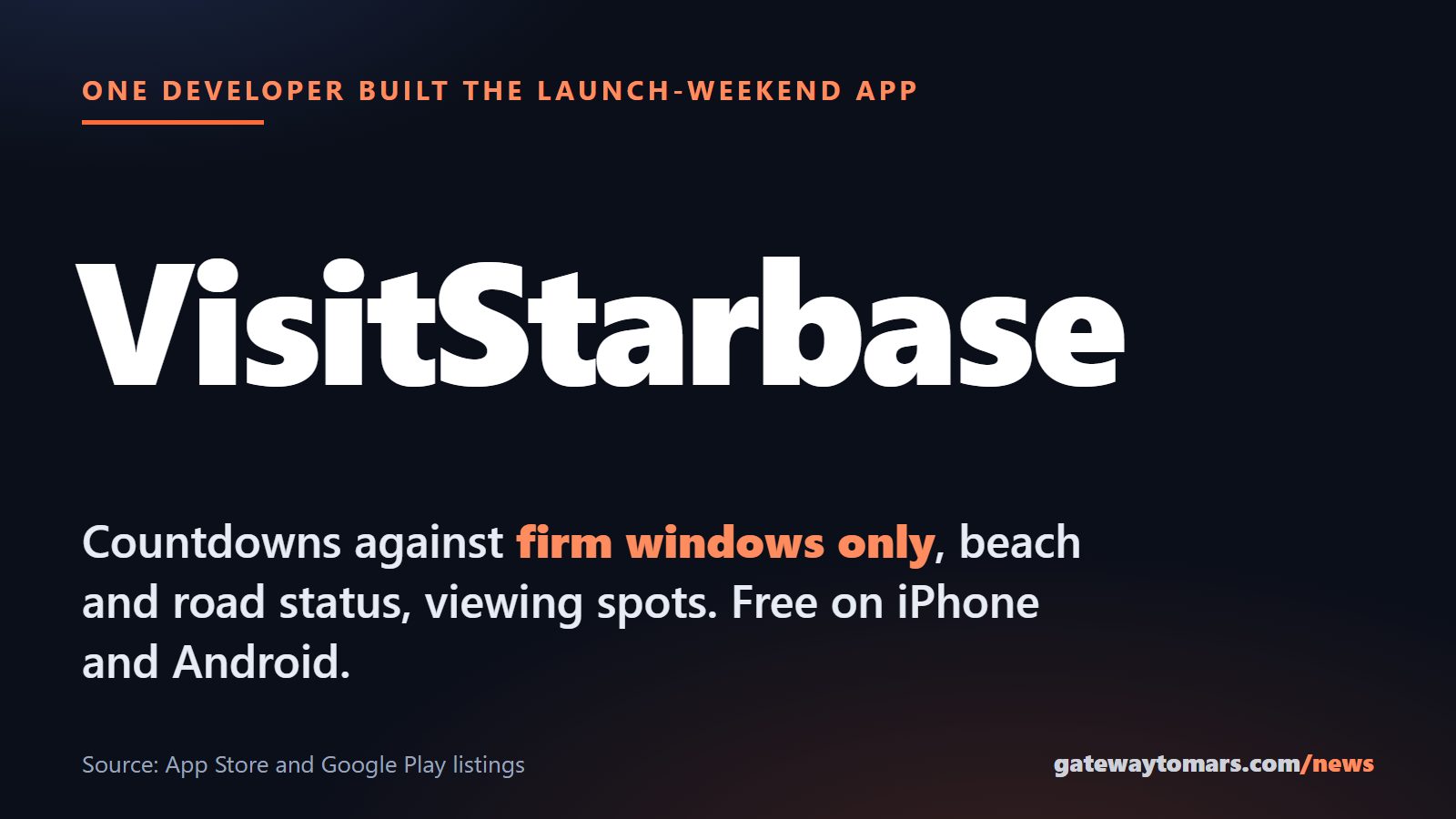 VisitStarbase: countdowns against firm windows only, beach and road status, viewing spots. Free on iPhone and Android