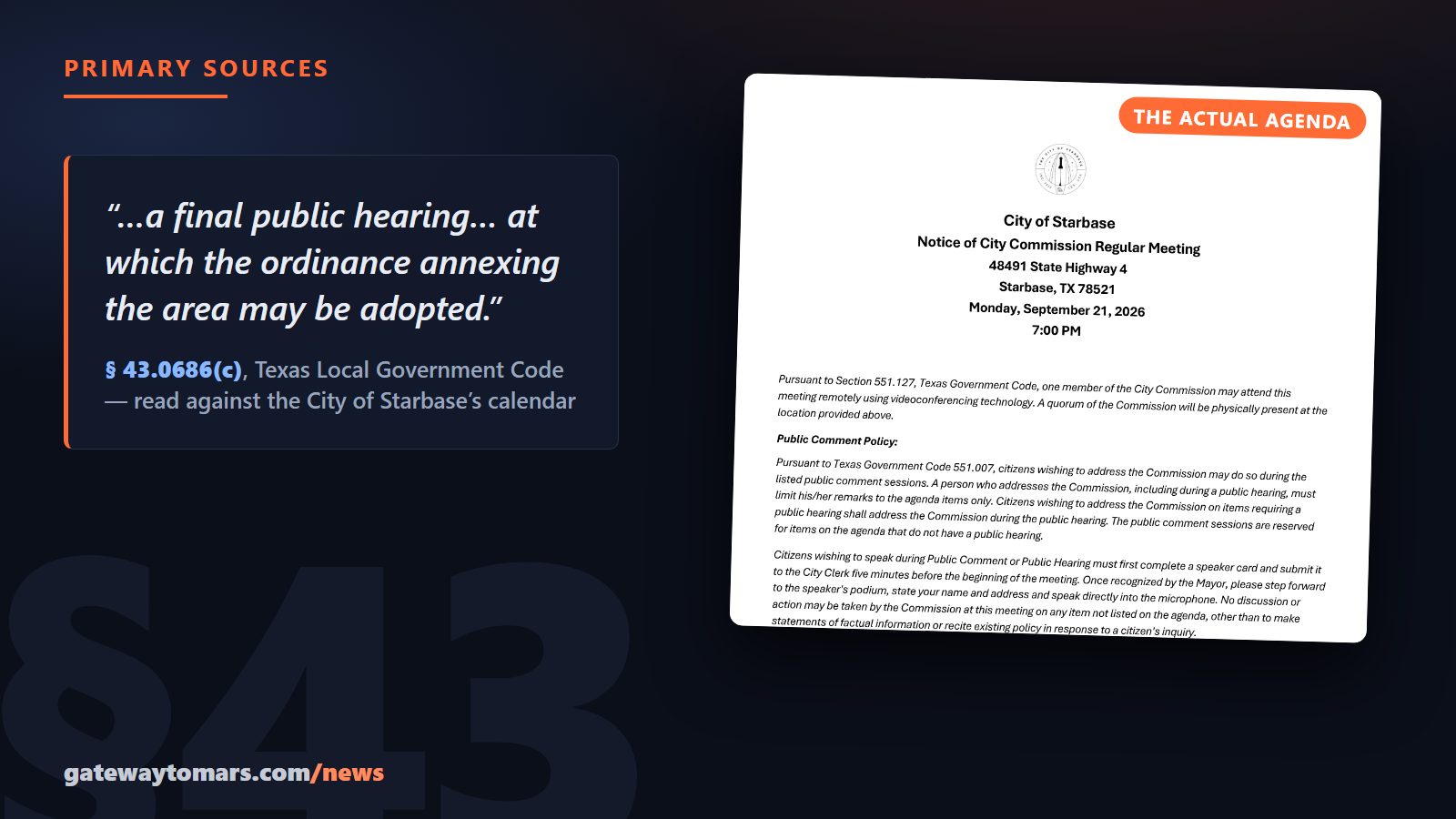 The Sept. 21 City of Starbase meeting agenda beside § 43.0686(c) of the Texas Local Government Code