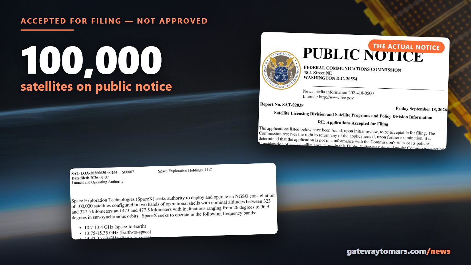 FCC Public Notice SAT-02038 and SpaceX's 100,000-satellite application, accepted for filing Sept. 18
