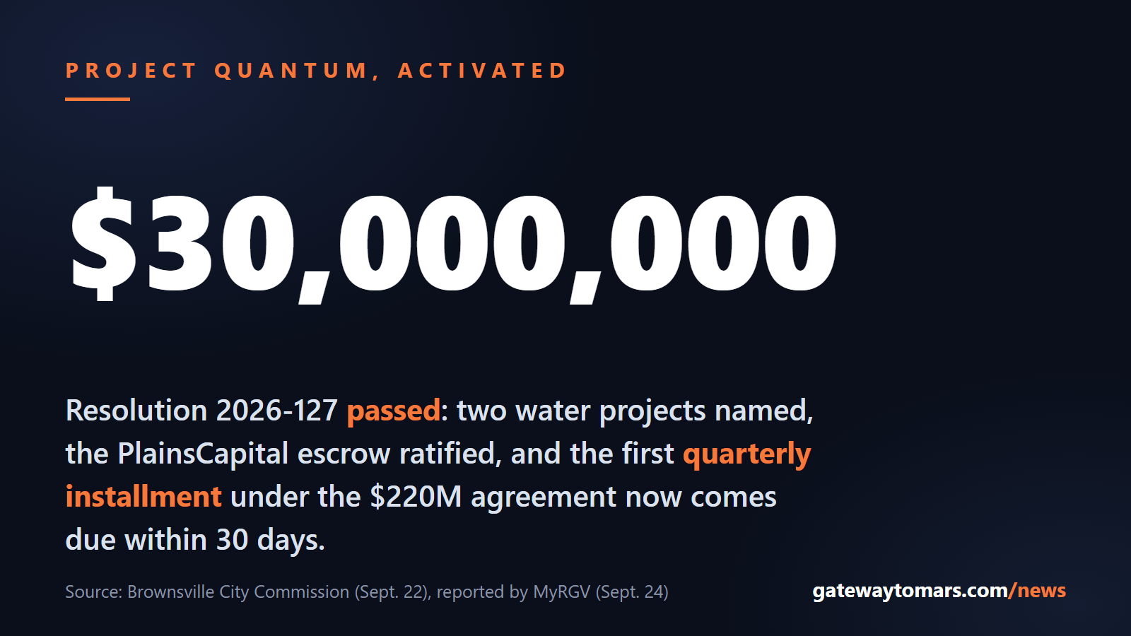 $30,000,000: Resolution 2026-127 passed, two water projects named, the PlainsCapital escrow ratified, and the first quarterly installment now due within 30 days