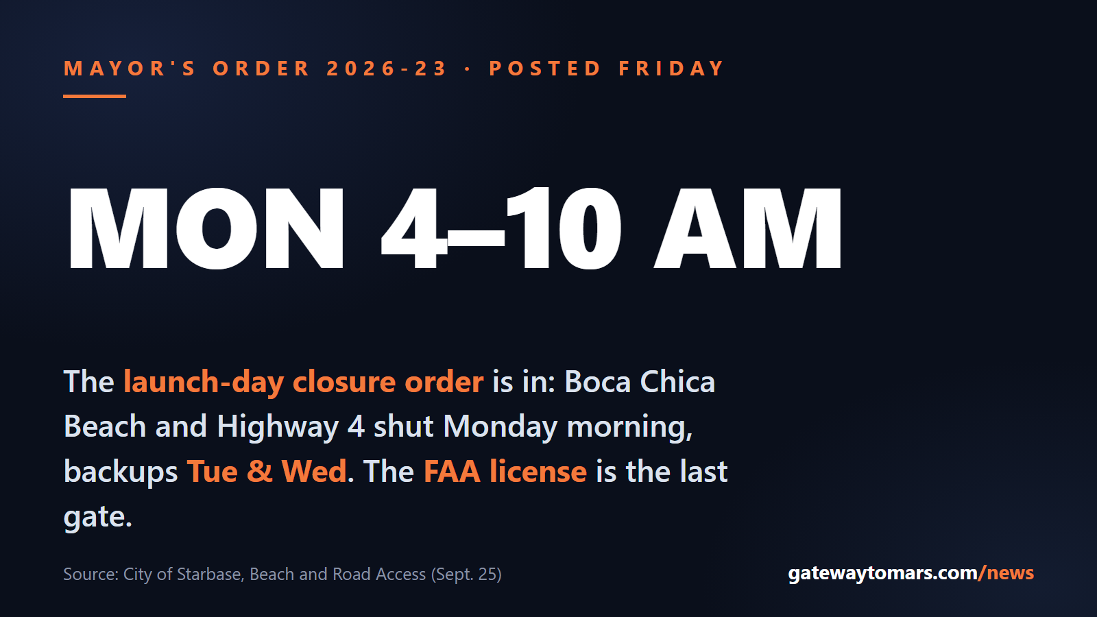 Mon 4 to 10 AM: Mayor's Order 2026-23 closes Boca Chica Beach and Highway 4 for Flight 14's launch window, with backup days Sept. 29 and 30