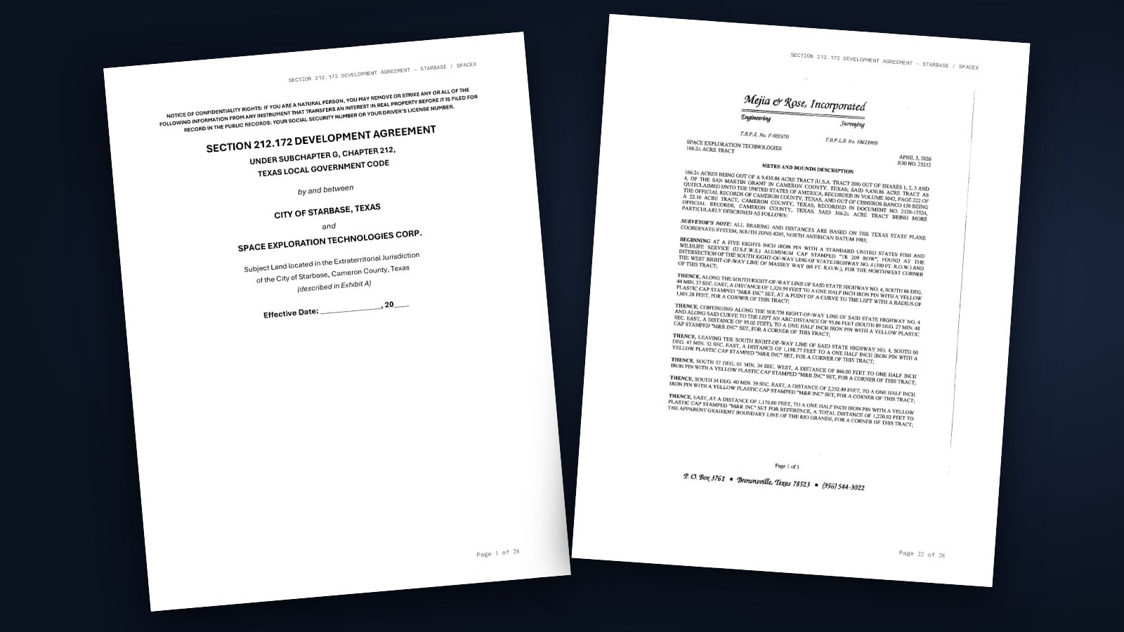 The title page of the Starbase and SpaceX development agreement beside the surveyor's description of the 166.2-acre tract