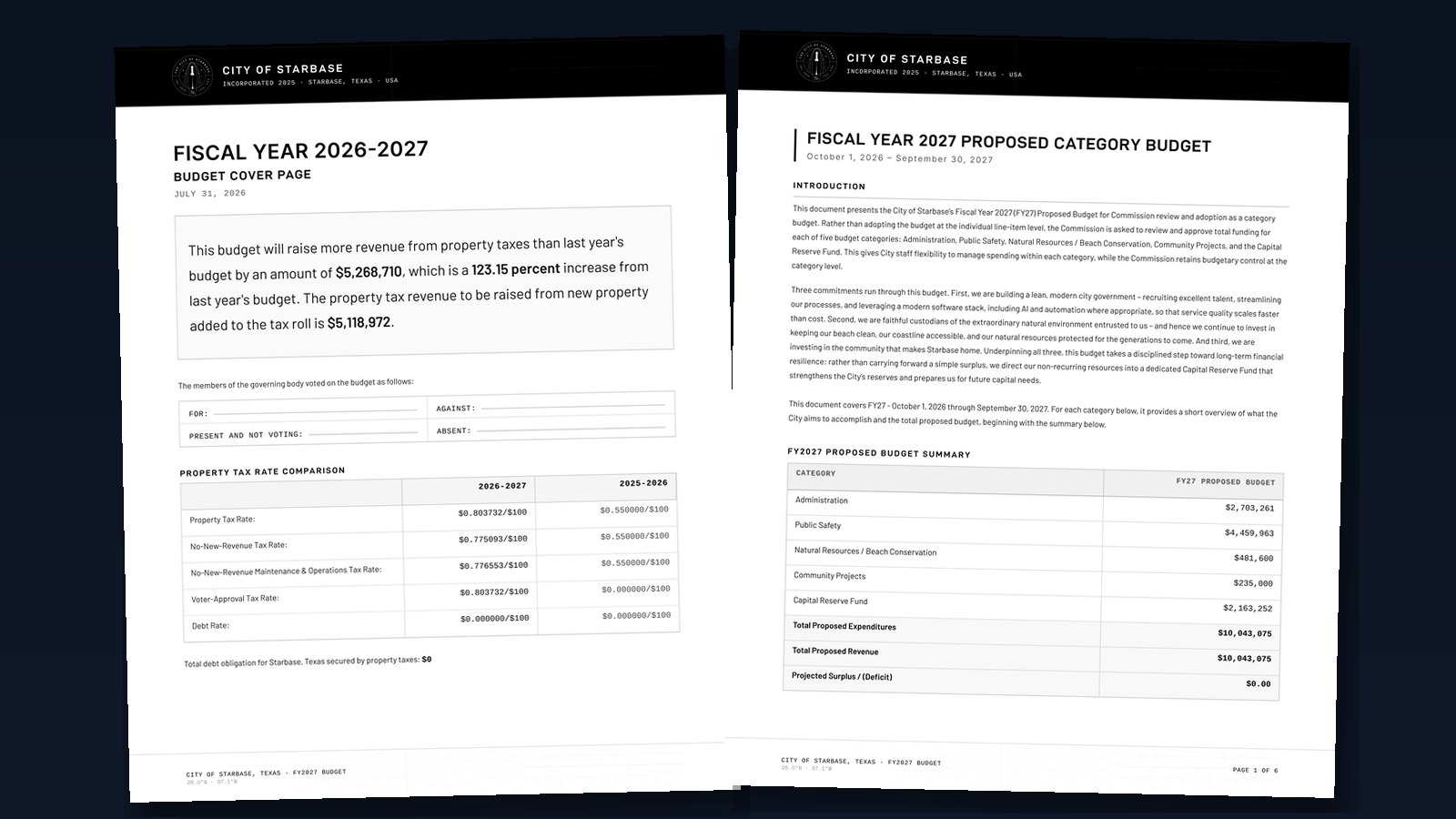 Two pages of the City of Starbase 2026-27 budget: a cover page with the property tax statement and rate table, and a summary table of five spending categories totaling $10,043,075