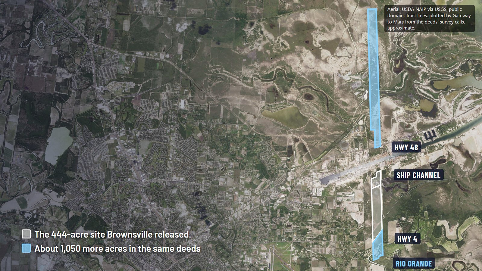 Aerial map east of Brownsville. A long white outline north of Boca Chica Boulevard marks the 444-acre site. Blue strips mark more land in the same deeds: one south to the Rio Grande and a long one running north from Highway 48