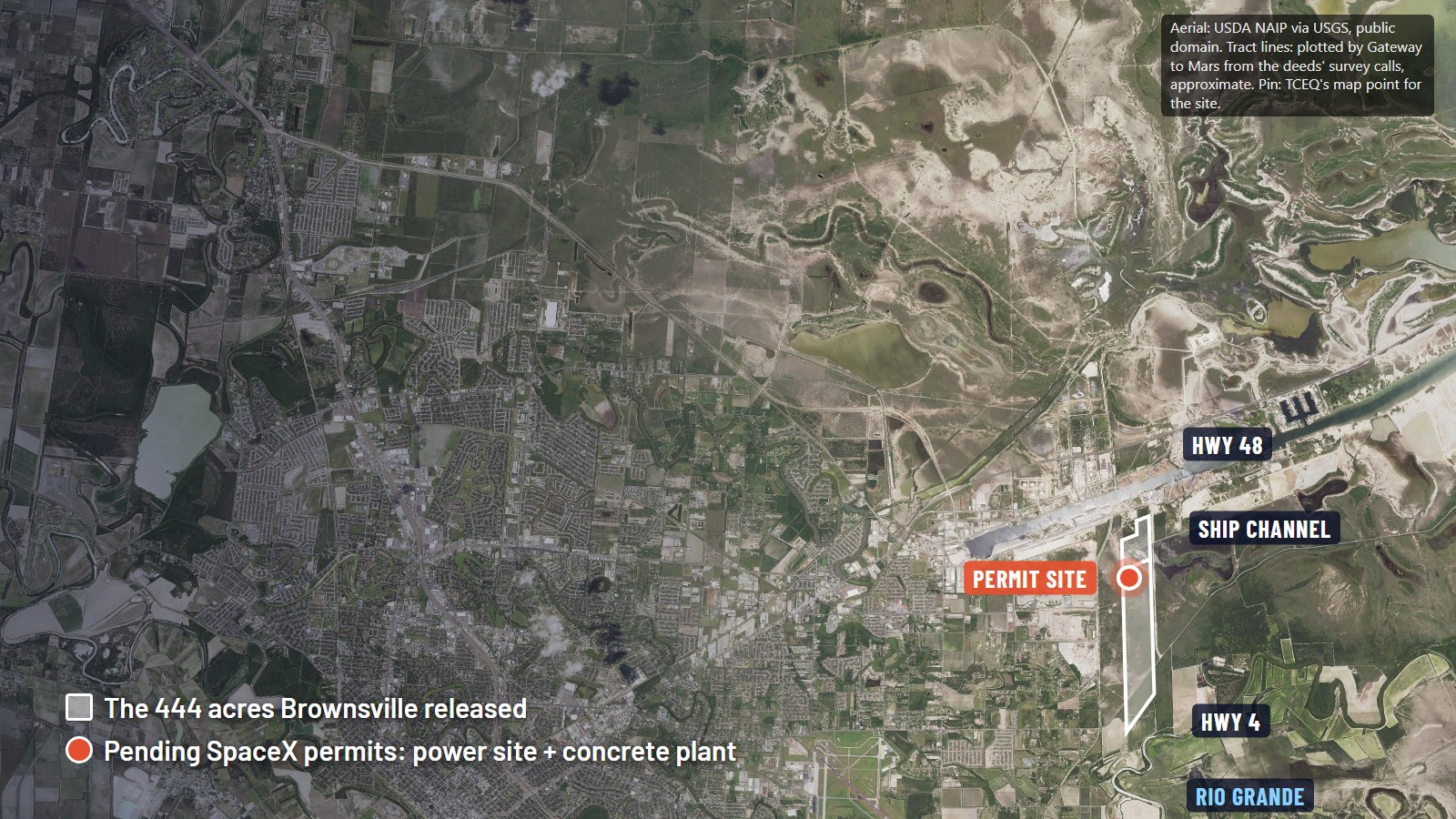 Aerial map east of Brownsville. A white outline north of Highway 4 marks the 444-acre site, and a red pin inside it marks the state's map point for SpaceX's pending concrete plant permit