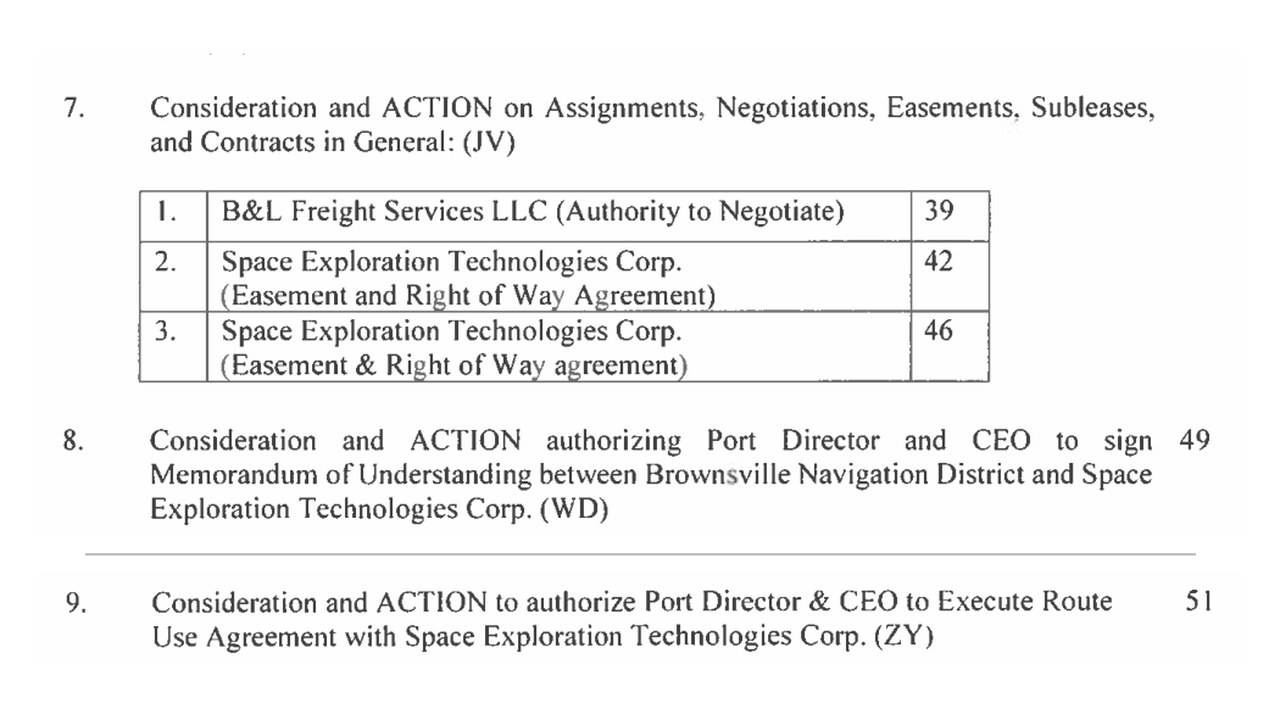 Scanned agenda items listing two Space Exploration Technologies Corp. easement and right of way agreements, a memorandum of understanding with SpaceX and a route use agreement with SpaceX