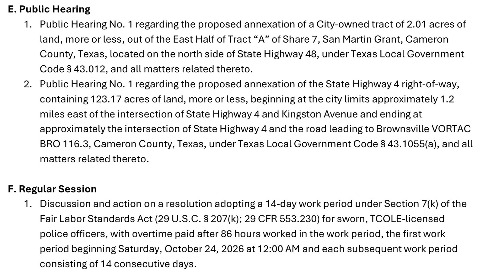 Agenda items E and F: first public hearings on annexing a 2.01-acre city-owned tract on Highway 48 and 123.17 acres of State Highway 4 right-of-way, and a resolution setting a 14-day work period for sworn, TCOLE-licensed police officers