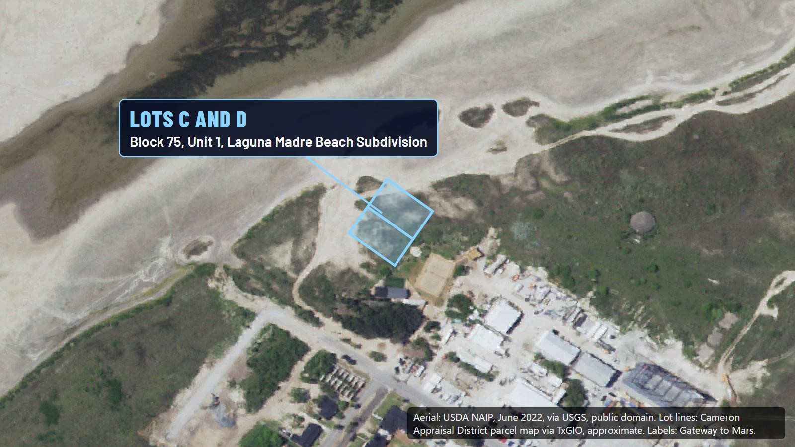 Aerial view of the north tip of Starbase's village on the bay side, with two small side-by-side lots outlined in blue and labeled Lots C and D