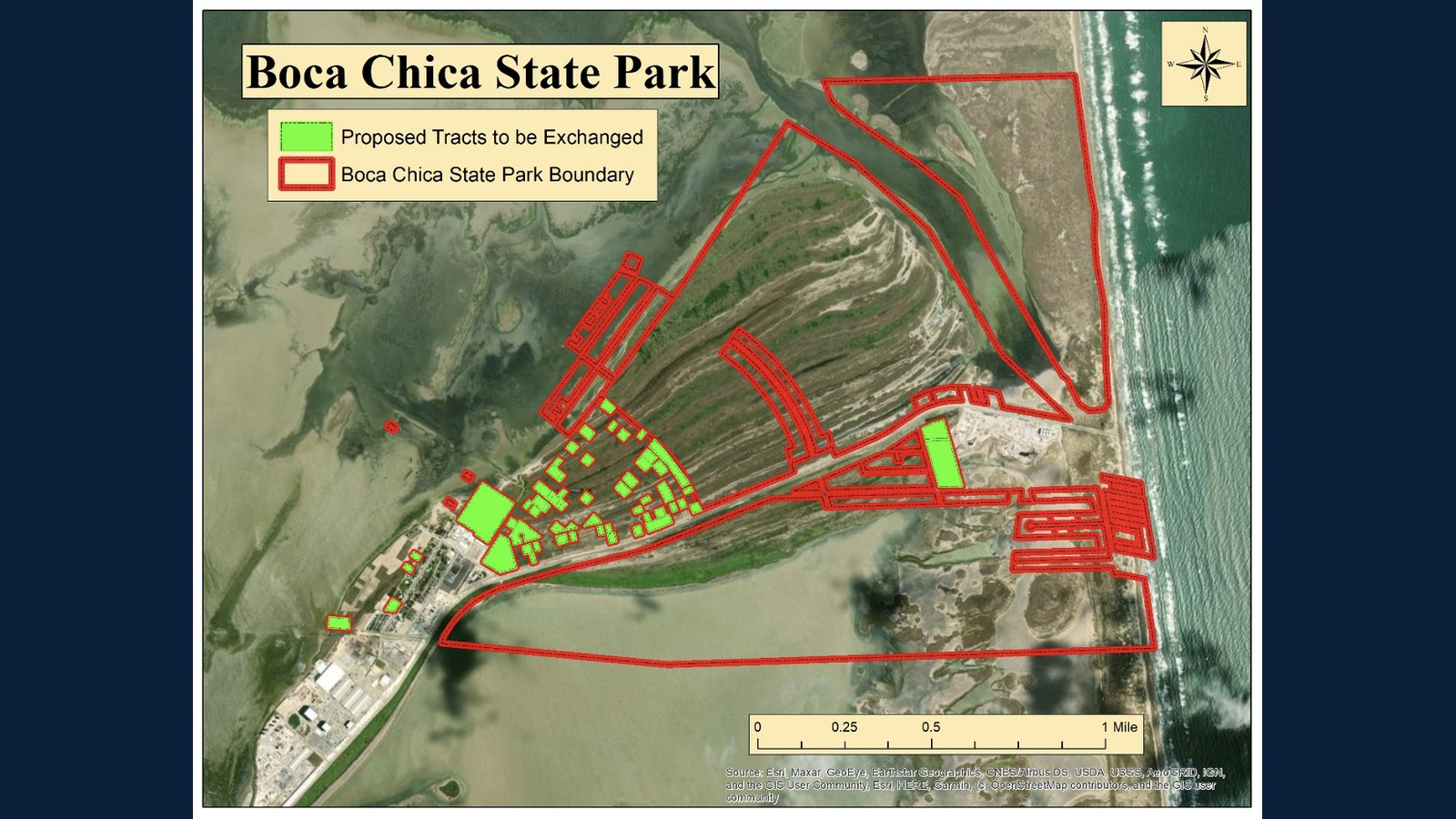 Texas Parks and Wildlife Department map titled Boca Chica State Park, with the park boundary outlined in red around the dunes, tidal flats and beach next to the SpaceX launch site, and small green tracts marked as proposed for exchange