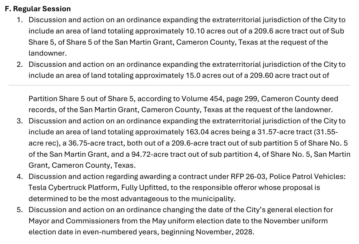 Items F.1 to F.5 on the City of Starbase's Oct. 28, 2026 agenda: three ETJ expansions, the police Cybertruck award and the election date ordinance
