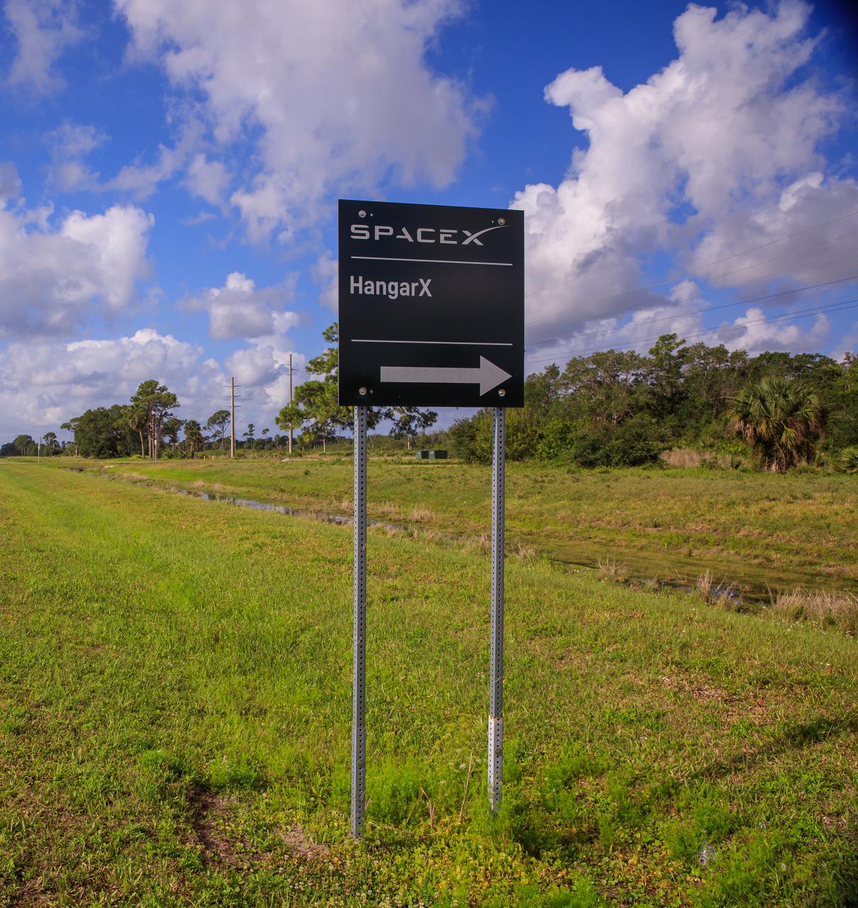 The SpaceX HangarX sign at Roberts Road at Kennedy Space Center in Florida