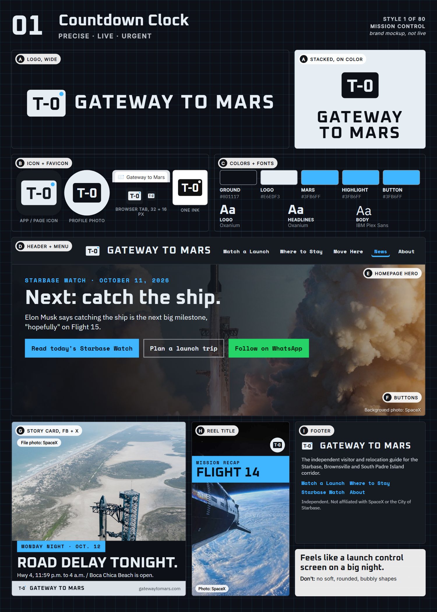 Style 1, Countdown Clock, full page: logo, icons, colors and fonts, site header, homepage, buttons, story card, reel title and footer