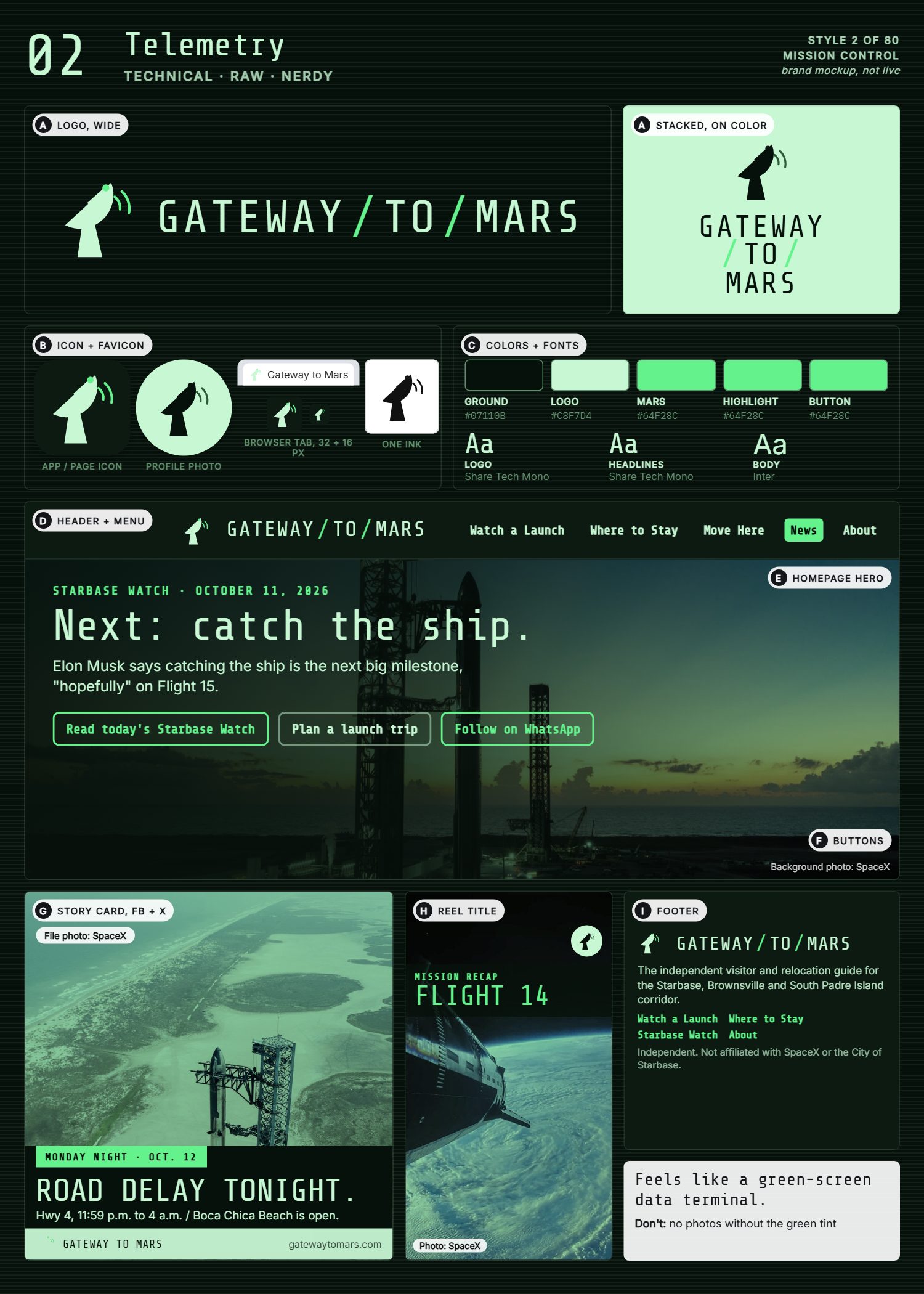 Style 2, Telemetry, full page: logo, icons, colors and fonts, site header, homepage, buttons, story card, reel title and footer