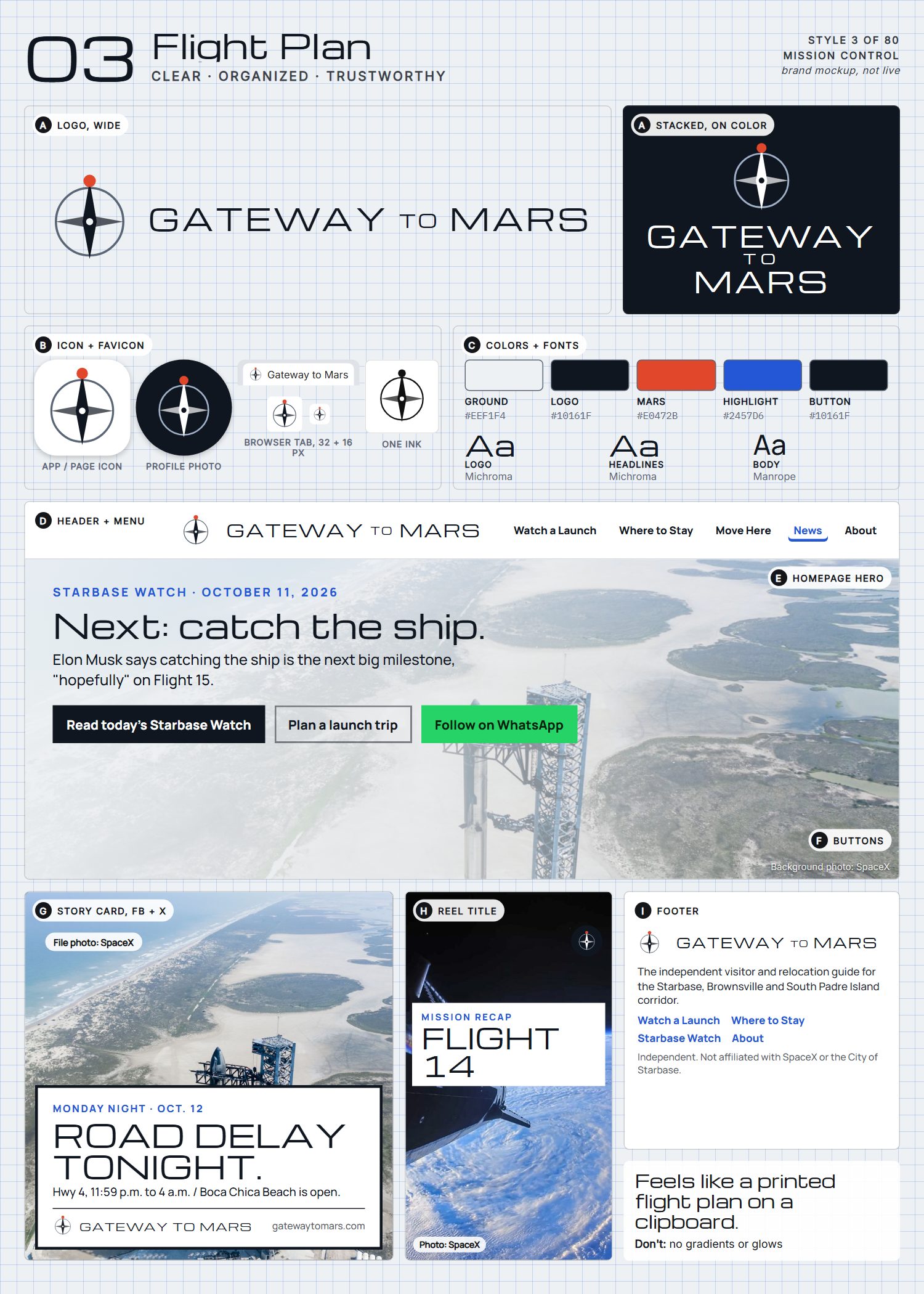 Style 3, Flight Plan, full page: logo, icons, colors and fonts, site header, homepage, buttons, story card, reel title and footer