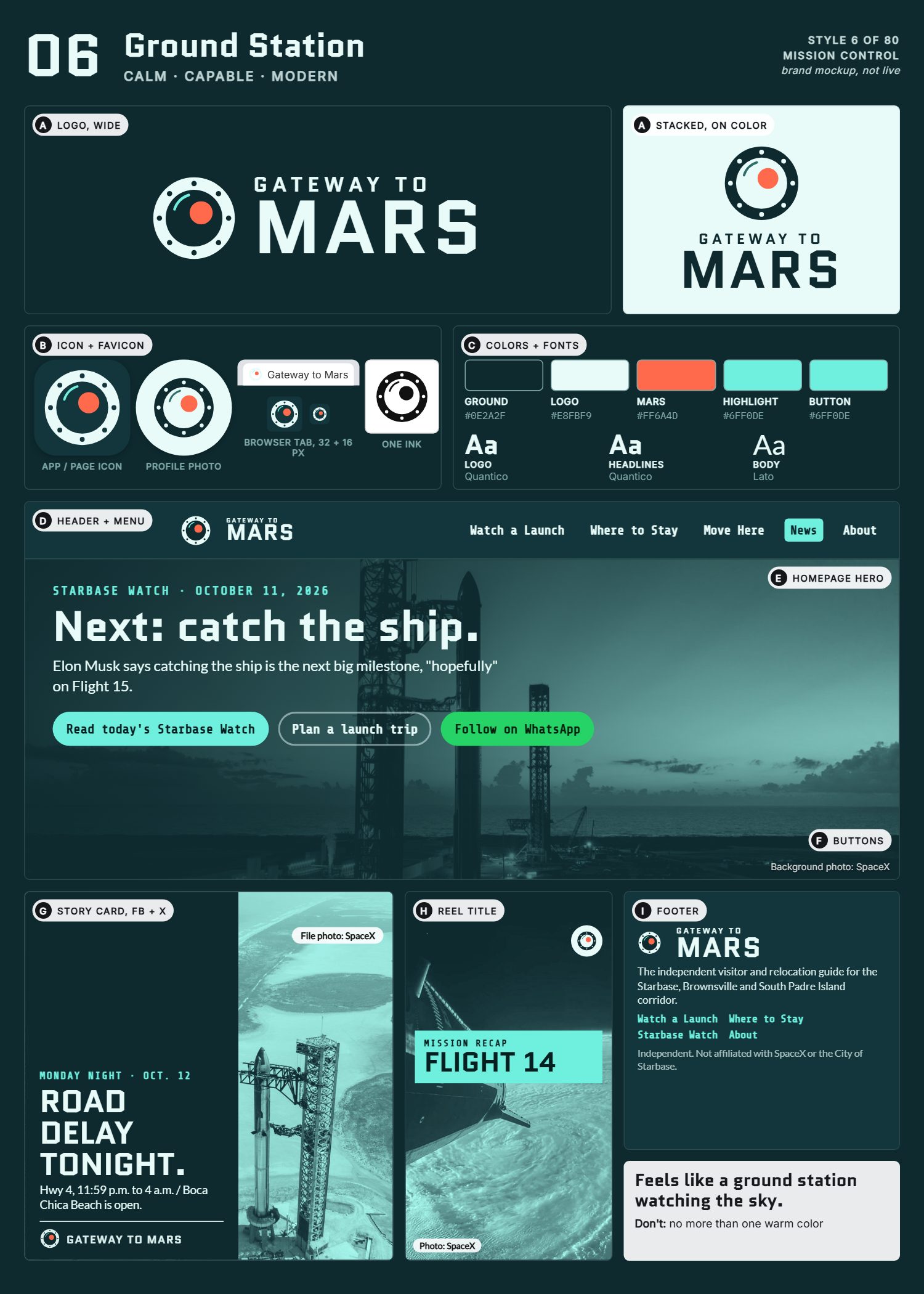 Style 6, Ground Station, full page: logo, icons, colors and fonts, site header, homepage, buttons, story card, reel title and footer