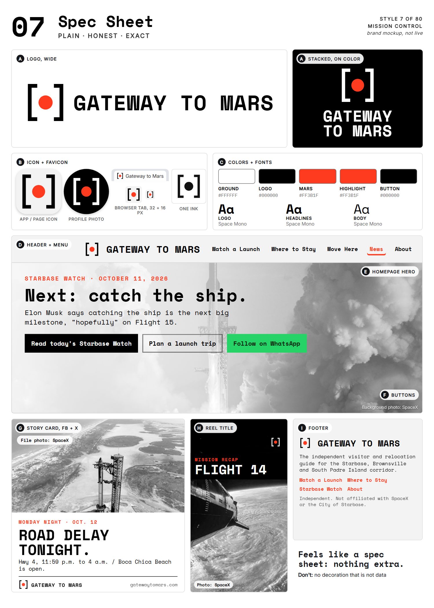 Style 7, Spec Sheet, full page: logo, icons, colors and fonts, site header, homepage, buttons, story card, reel title and footer