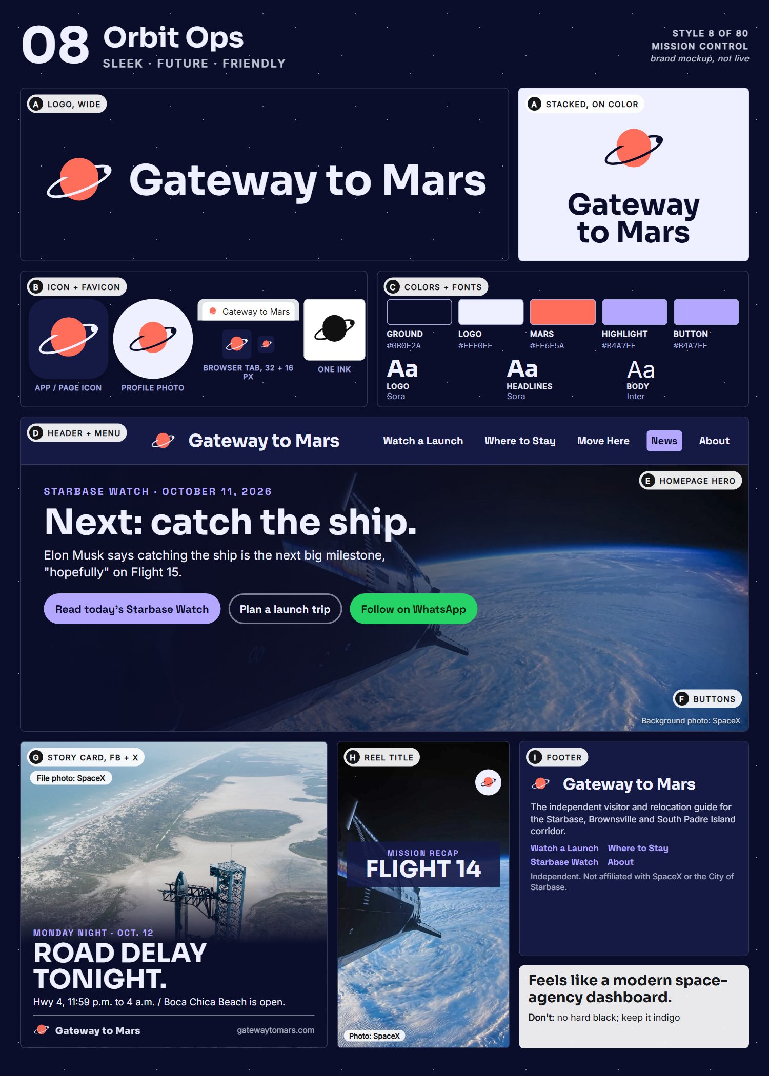 Style 8, Orbit Ops, full page: logo, icons, colors and fonts, site header, homepage, buttons, story card, reel title and footer