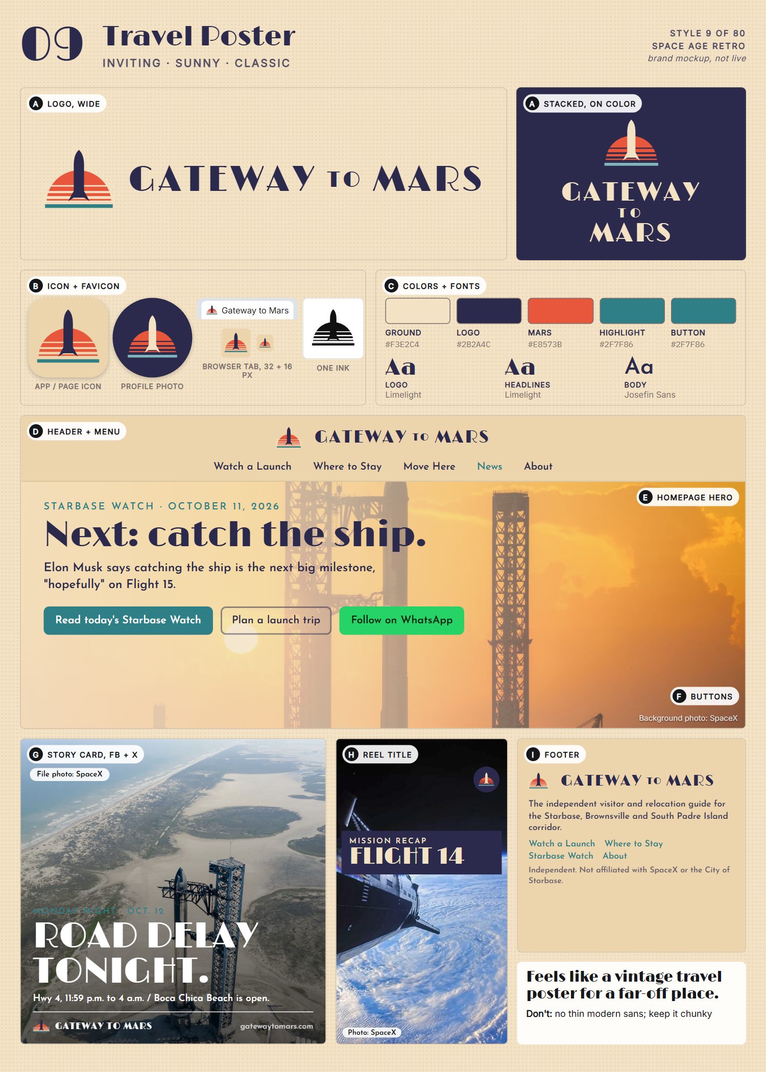 Style 9, Travel Poster, full page: logo, icons, colors and fonts, site header, homepage, buttons, story card, reel title and footer