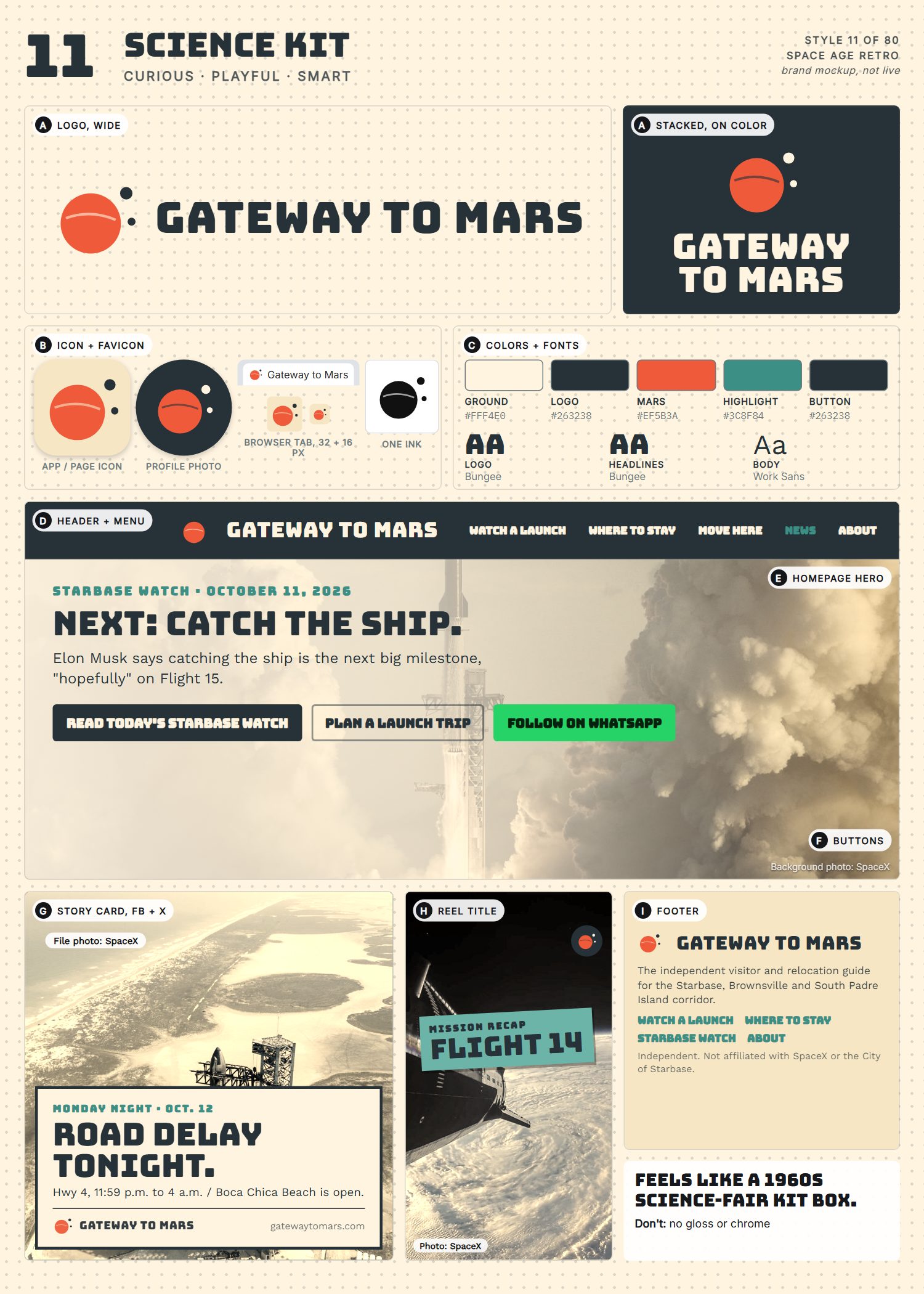 Style 11, Science Kit, full page: logo, icons, colors and fonts, site header, homepage, buttons, story card, reel title and footer