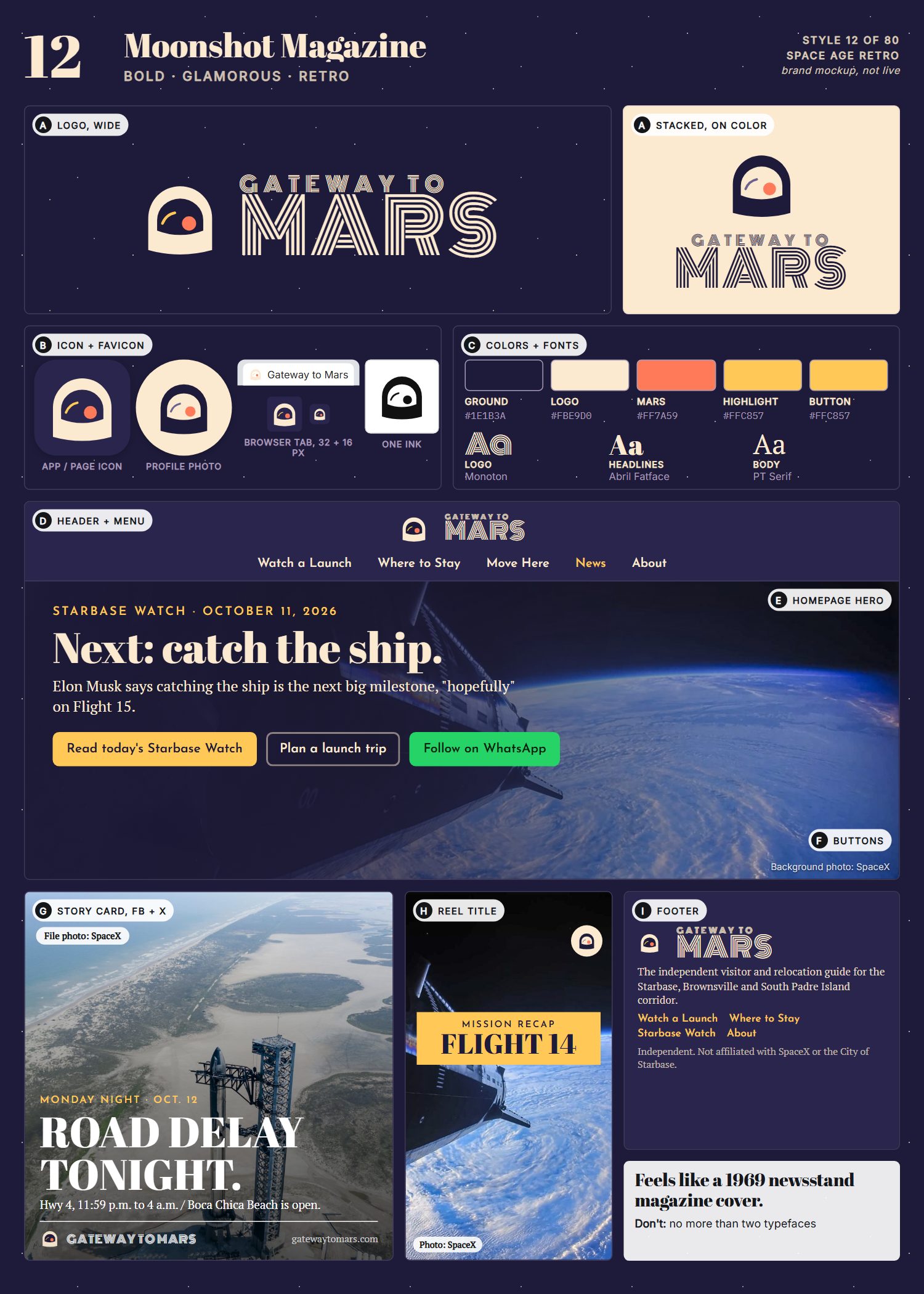 Style 12, Moonshot Magazine, full page: logo, icons, colors and fonts, site header, homepage, buttons, story card, reel title and footer