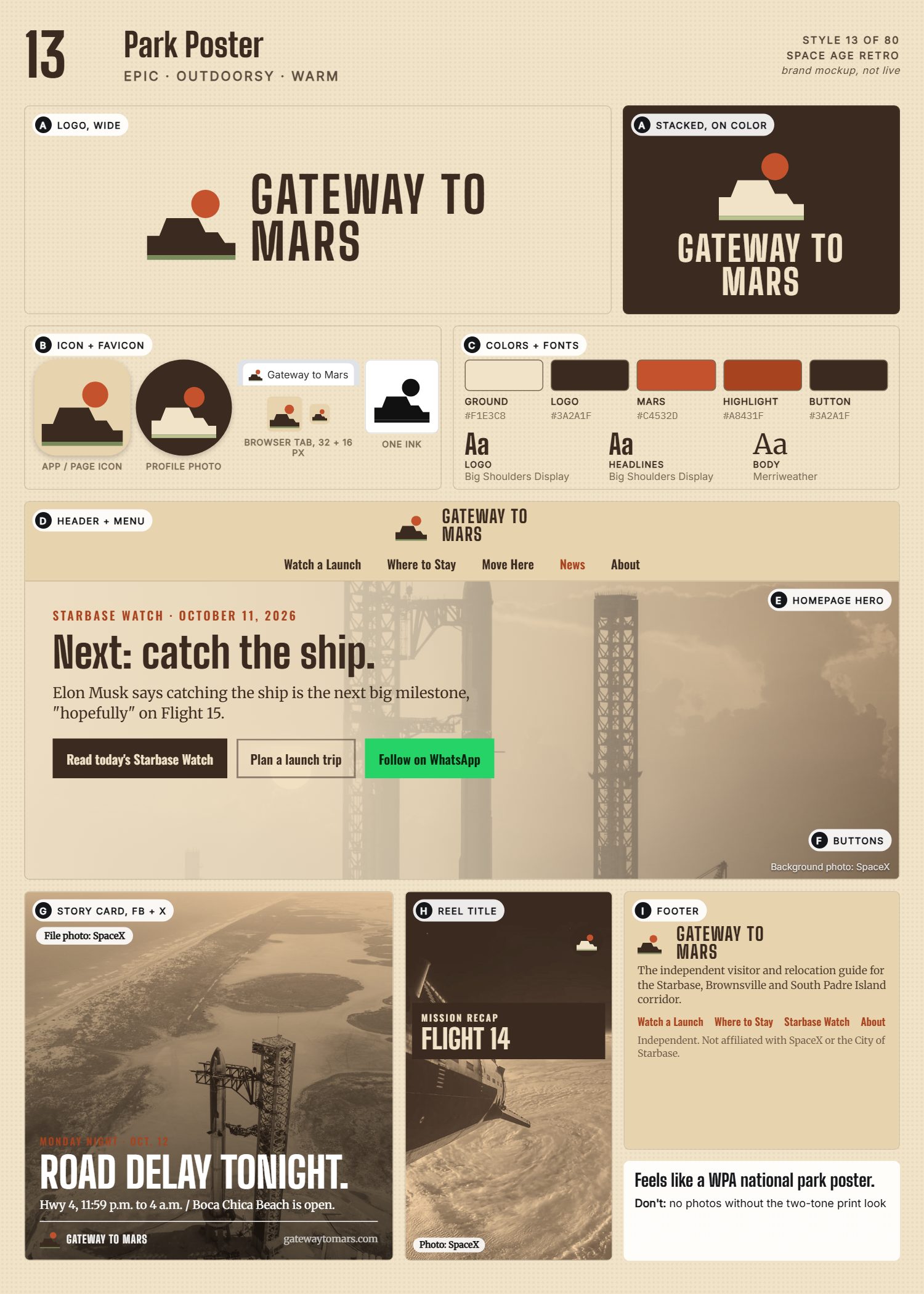 Style 13, Park Poster, full page: logo, icons, colors and fonts, site header, homepage, buttons, story card, reel title and footer
