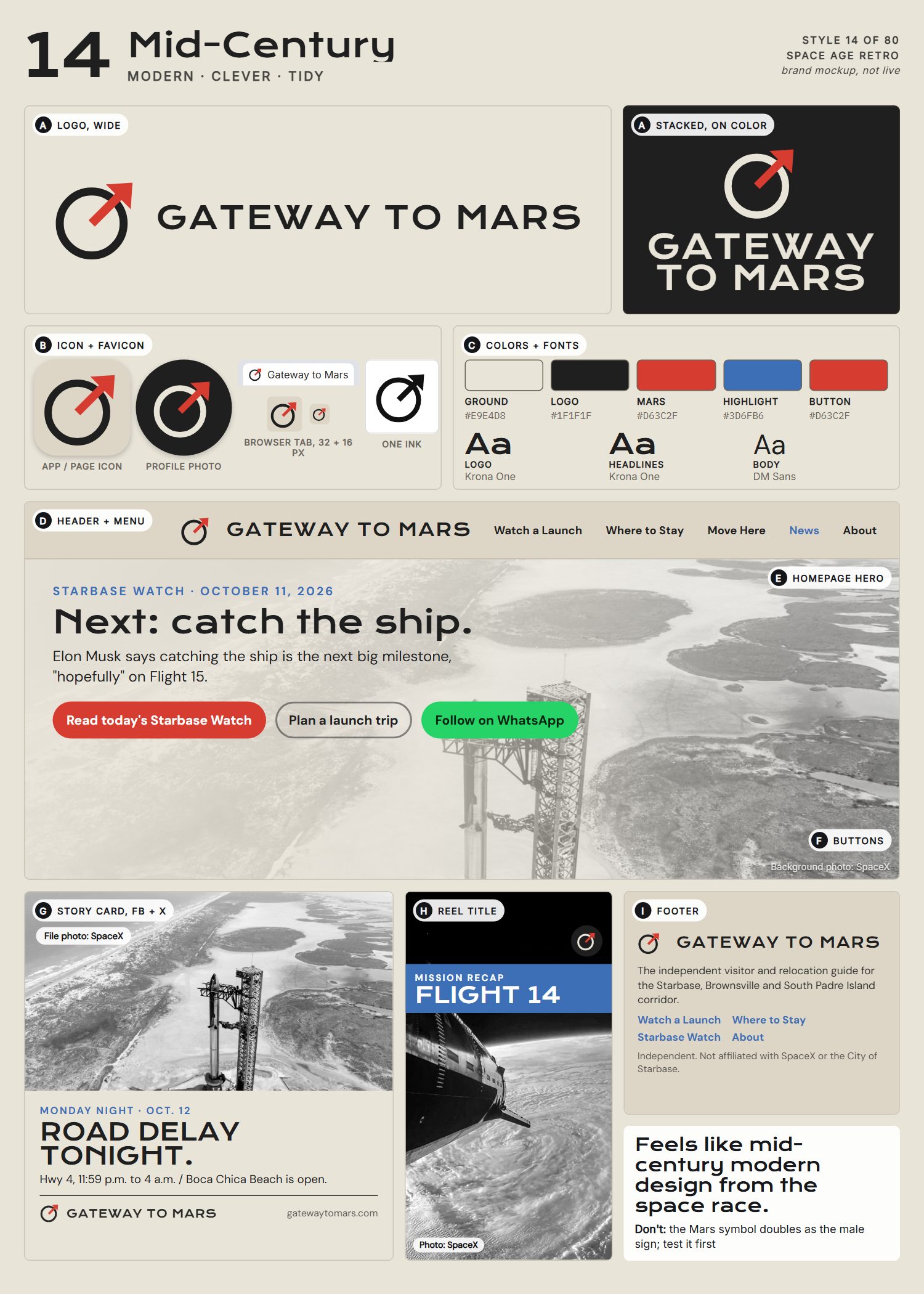Style 14, Mid-Century, full page: logo, icons, colors and fonts, site header, homepage, buttons, story card, reel title and footer