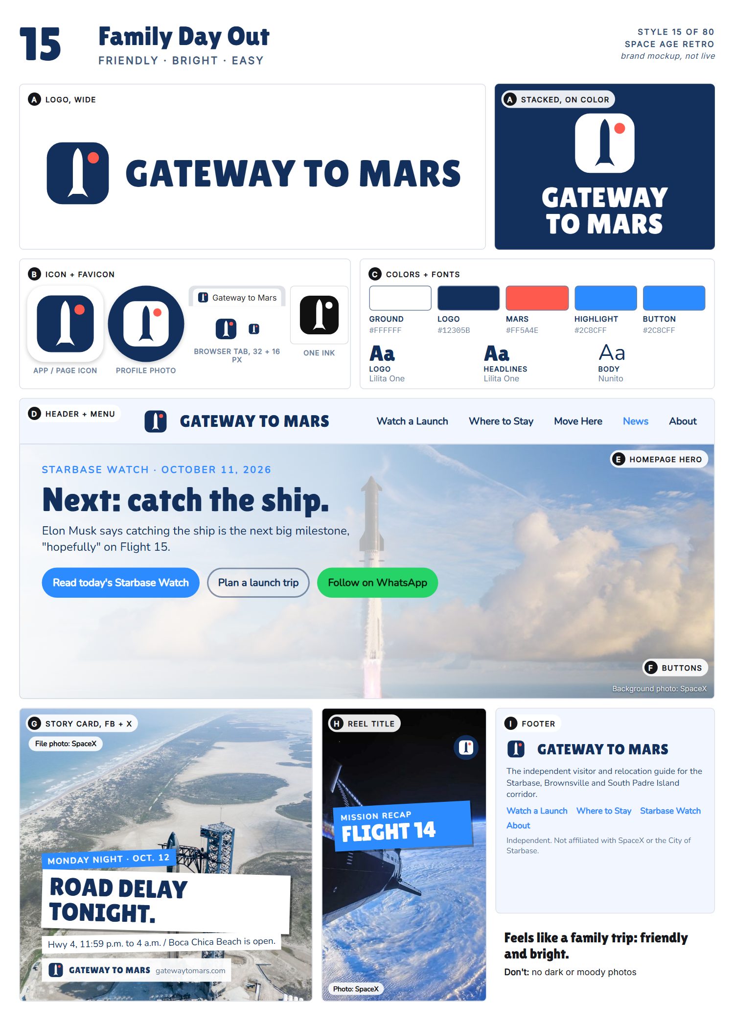 Style 15, Family Day Out, full page: logo, icons, colors and fonts, site header, homepage, buttons, story card, reel title and footer