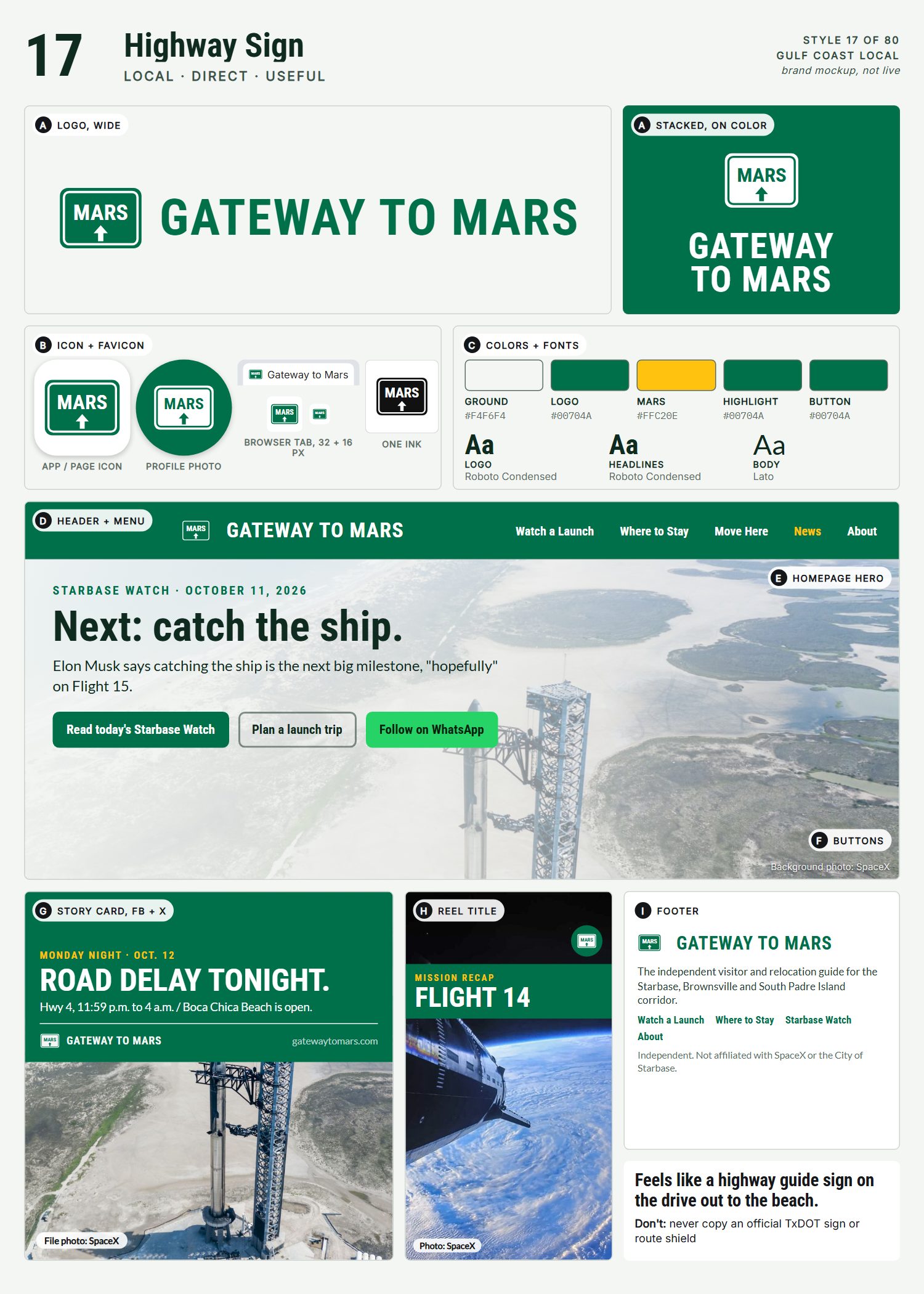 Style 17, Highway Sign, full page: logo, icons, colors and fonts, site header, homepage, buttons, story card, reel title and footer