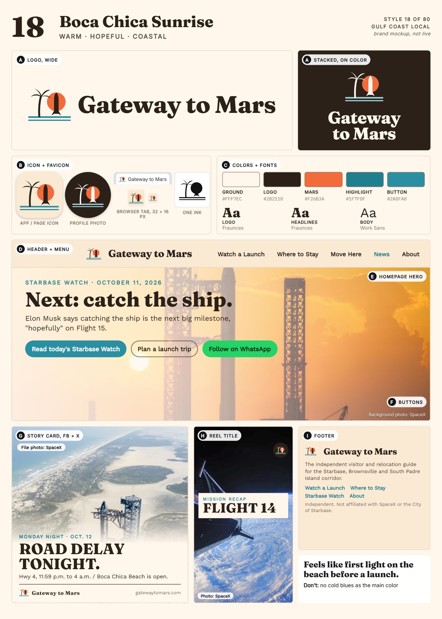 Style 18, Boca Chica Sunrise, full page: logo, icons, colors and fonts, site header, homepage, buttons, story card, reel title and footer