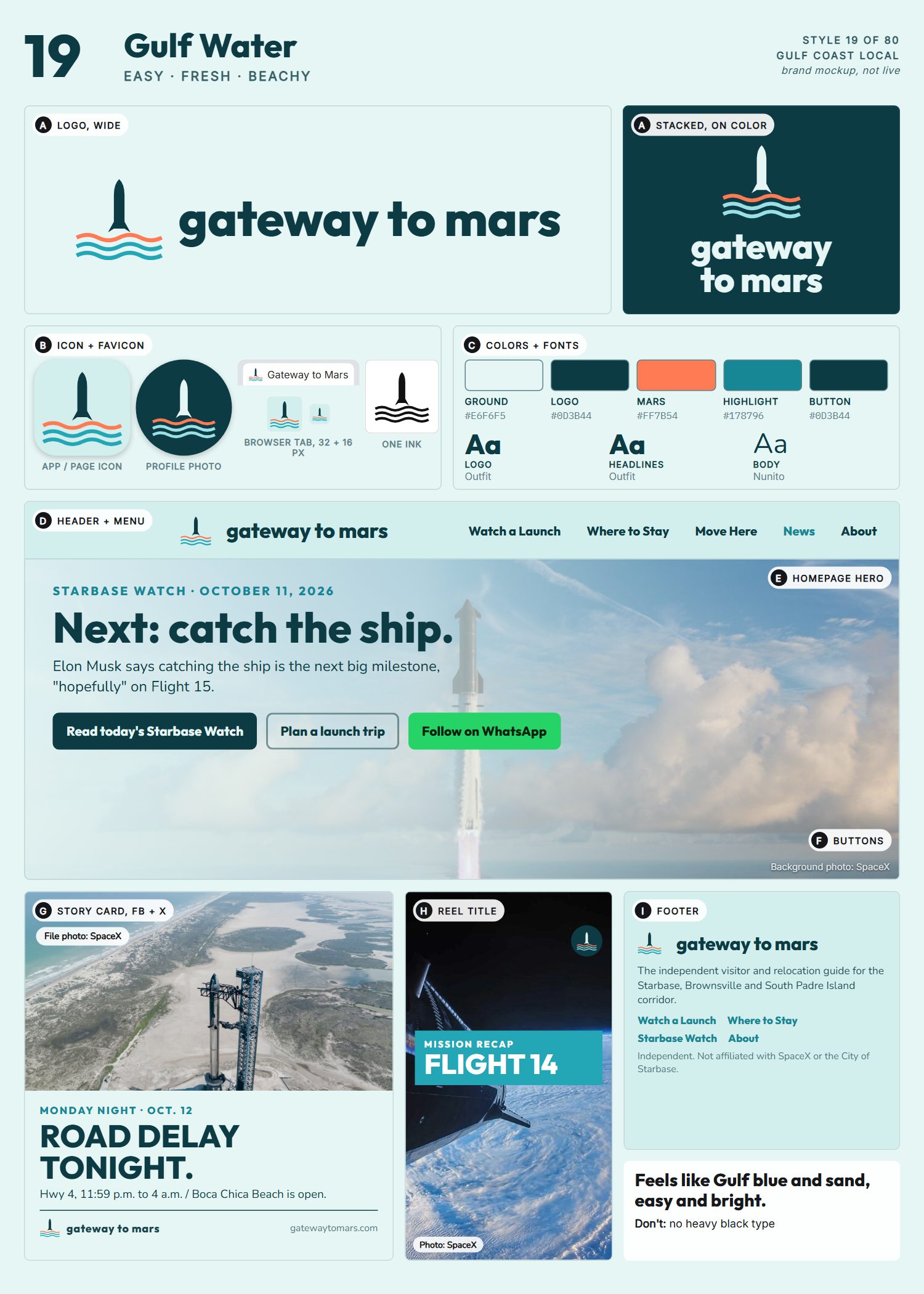 Style 19, Gulf Water, full page: logo, icons, colors and fonts, site header, homepage, buttons, story card, reel title and footer