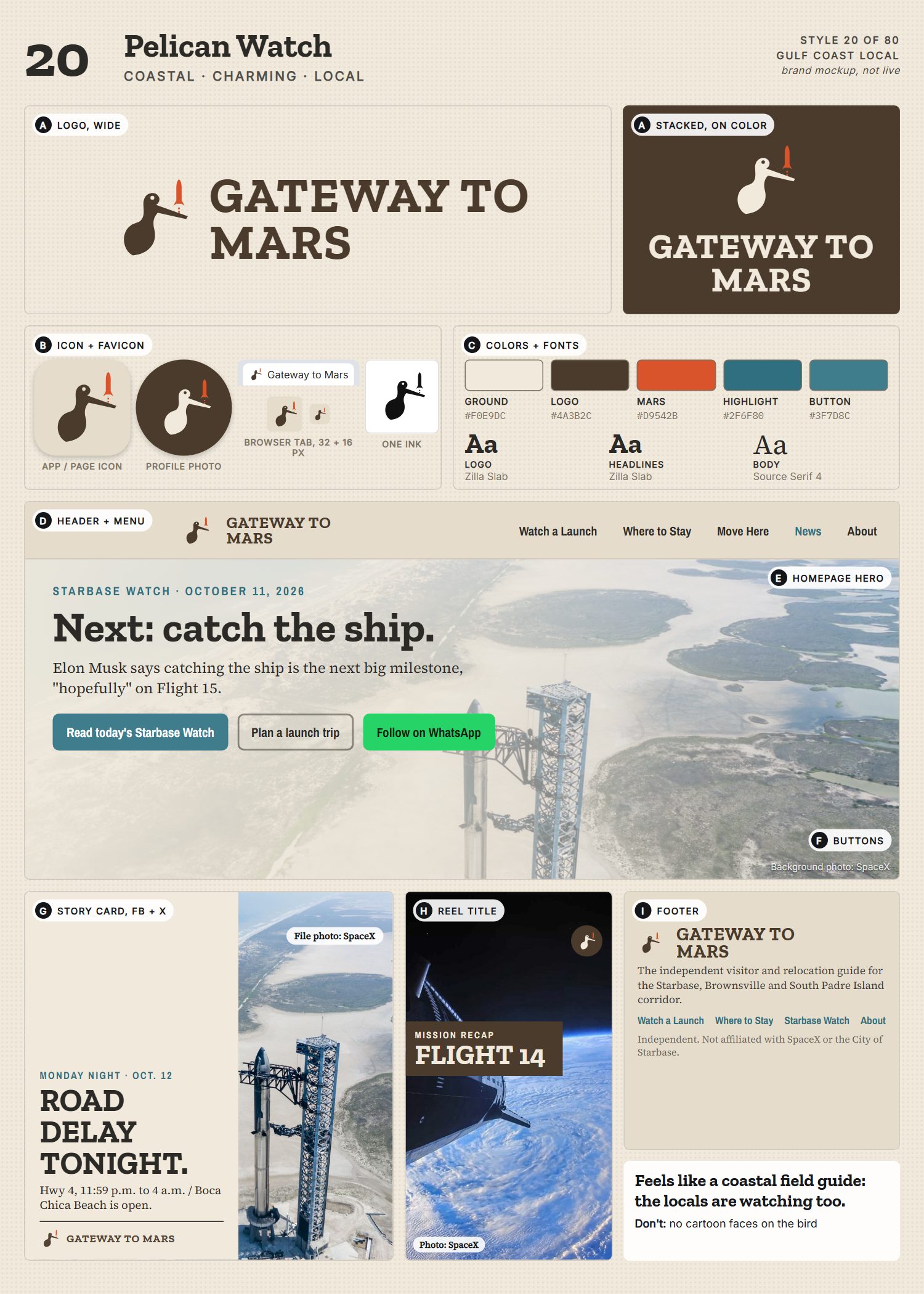 Style 20, Pelican Watch, full page: logo, icons, colors and fonts, site header, homepage, buttons, story card, reel title and footer