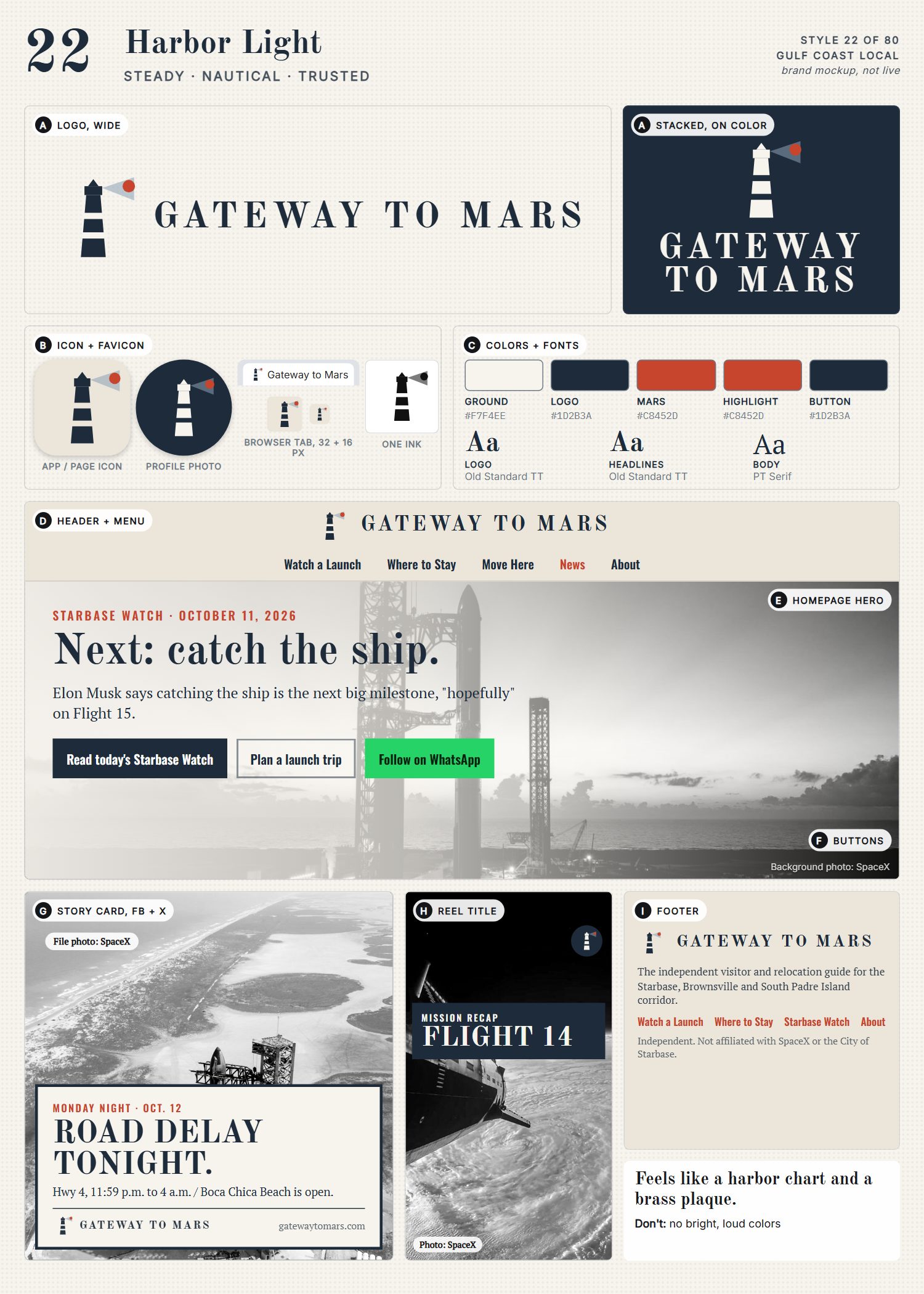 Style 22, Harbor Light, full page: logo, icons, colors and fonts, site header, homepage, buttons, story card, reel title and footer