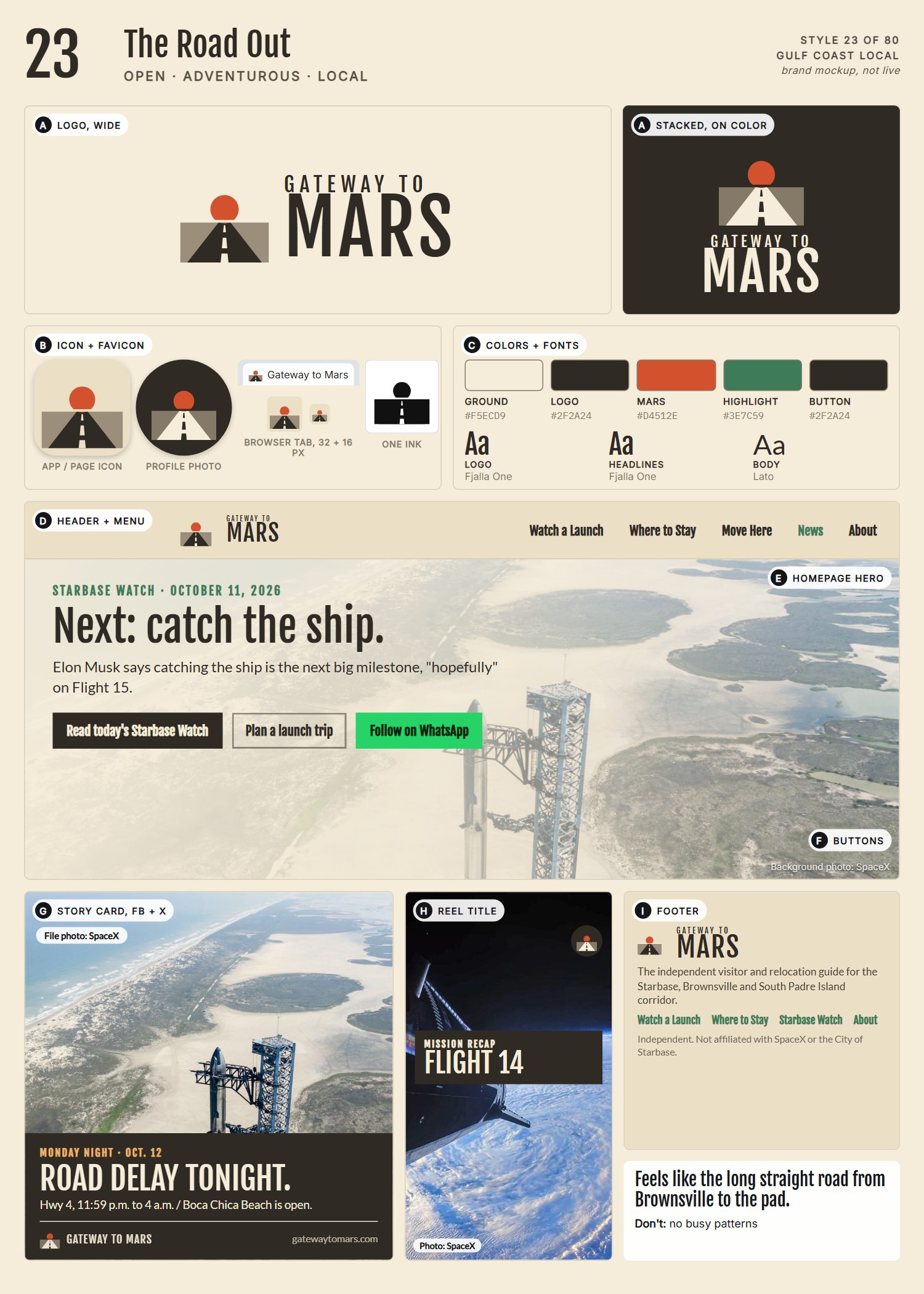 Style 23, The Road Out, full page: logo, icons, colors and fonts, site header, homepage, buttons, story card, reel title and footer