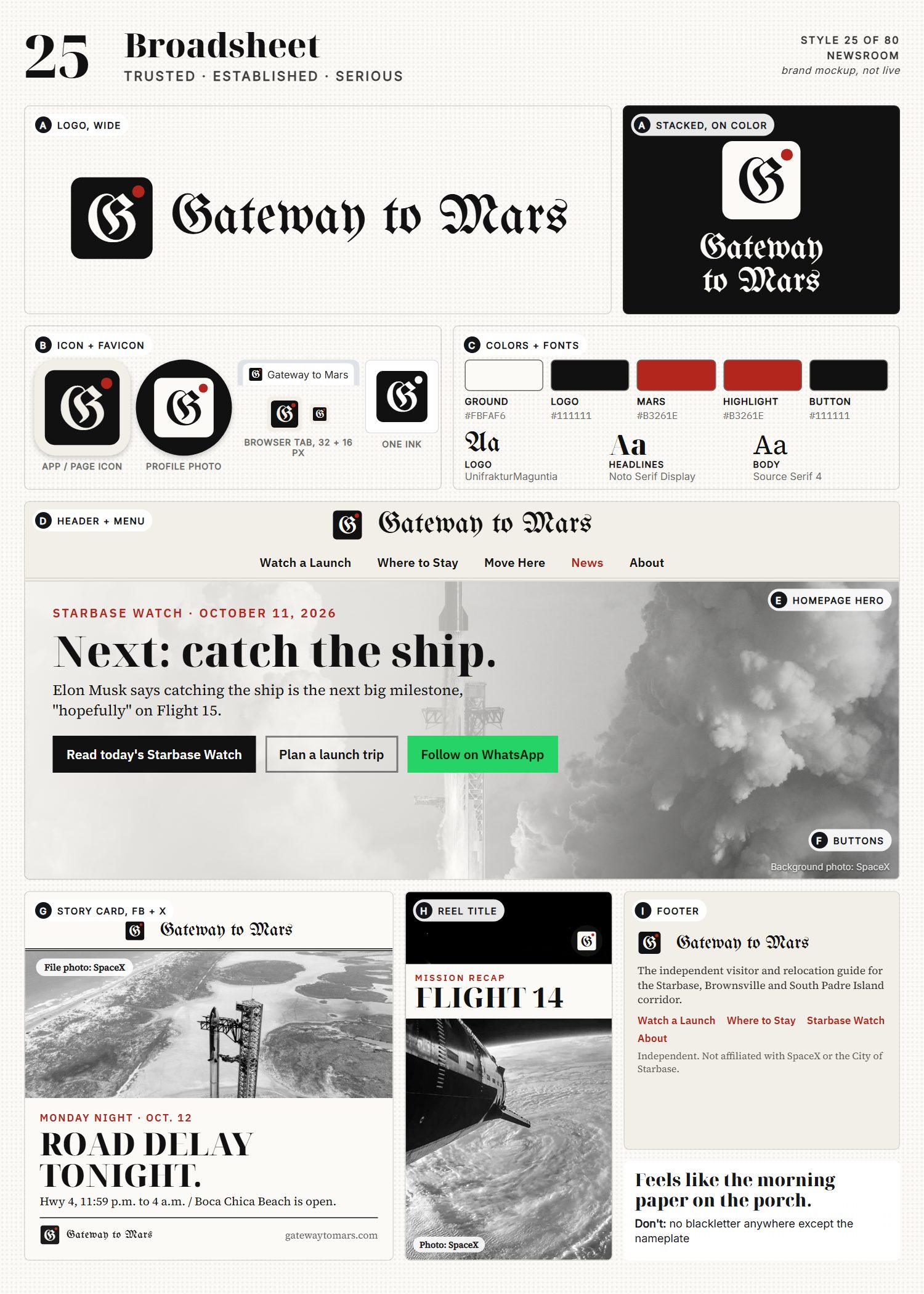 Style 25, Broadsheet, full page: logo, icons, colors and fonts, site header, homepage, buttons, story card, reel title and footer