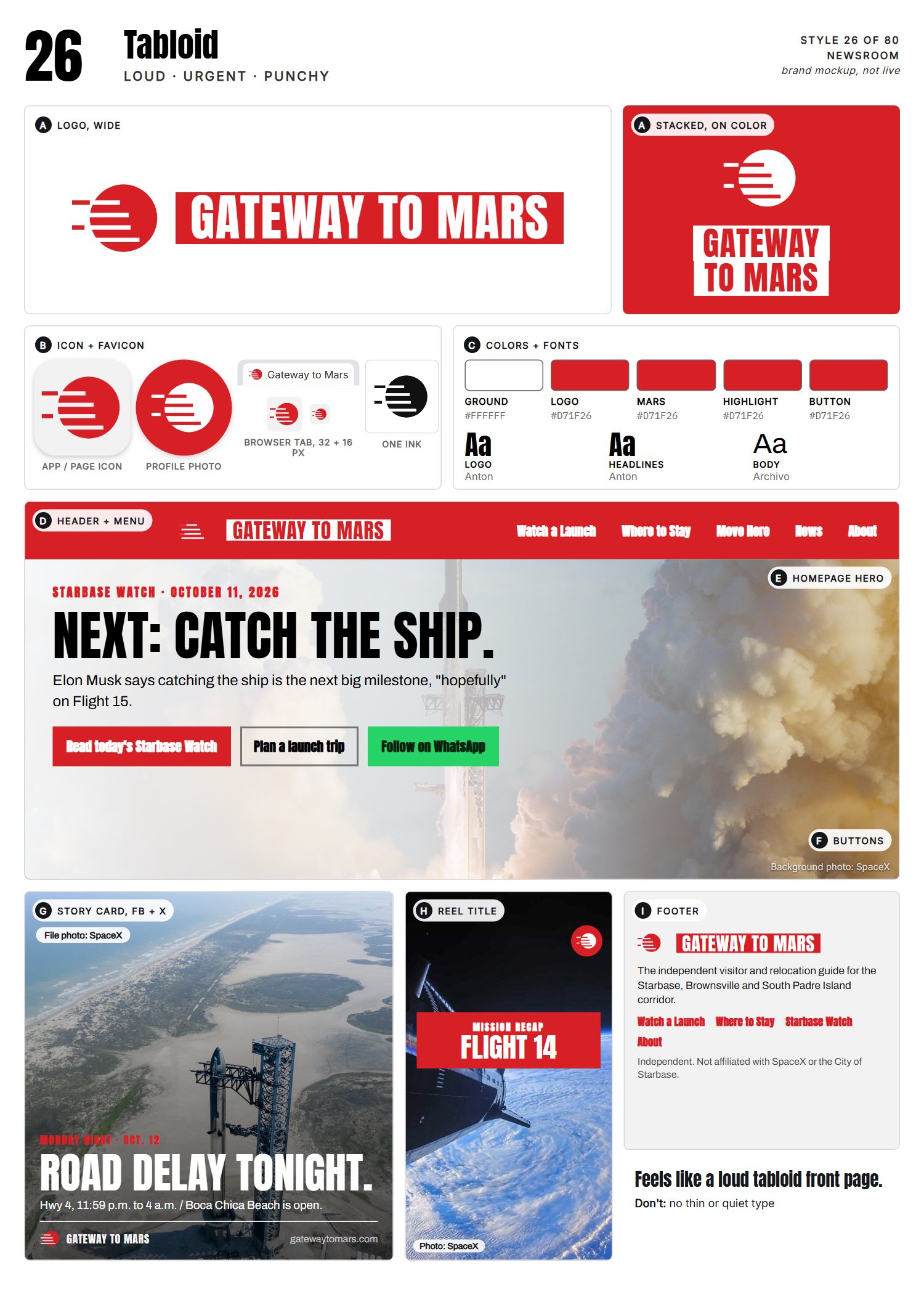 Style 26, Tabloid, full page: logo, icons, colors and fonts, site header, homepage, buttons, story card, reel title and footer