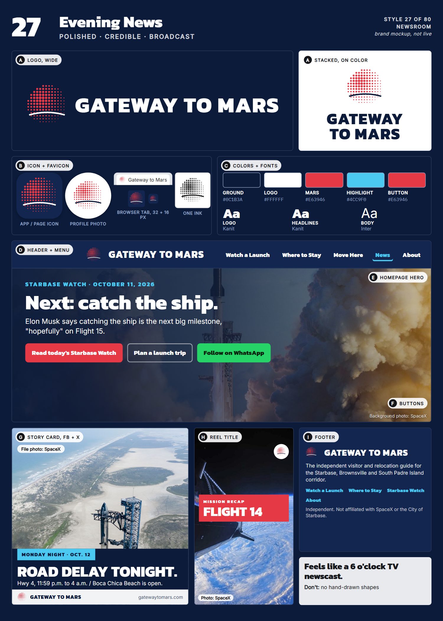 Style 27, Evening News, full page: logo, icons, colors and fonts, site header, homepage, buttons, story card, reel title and footer