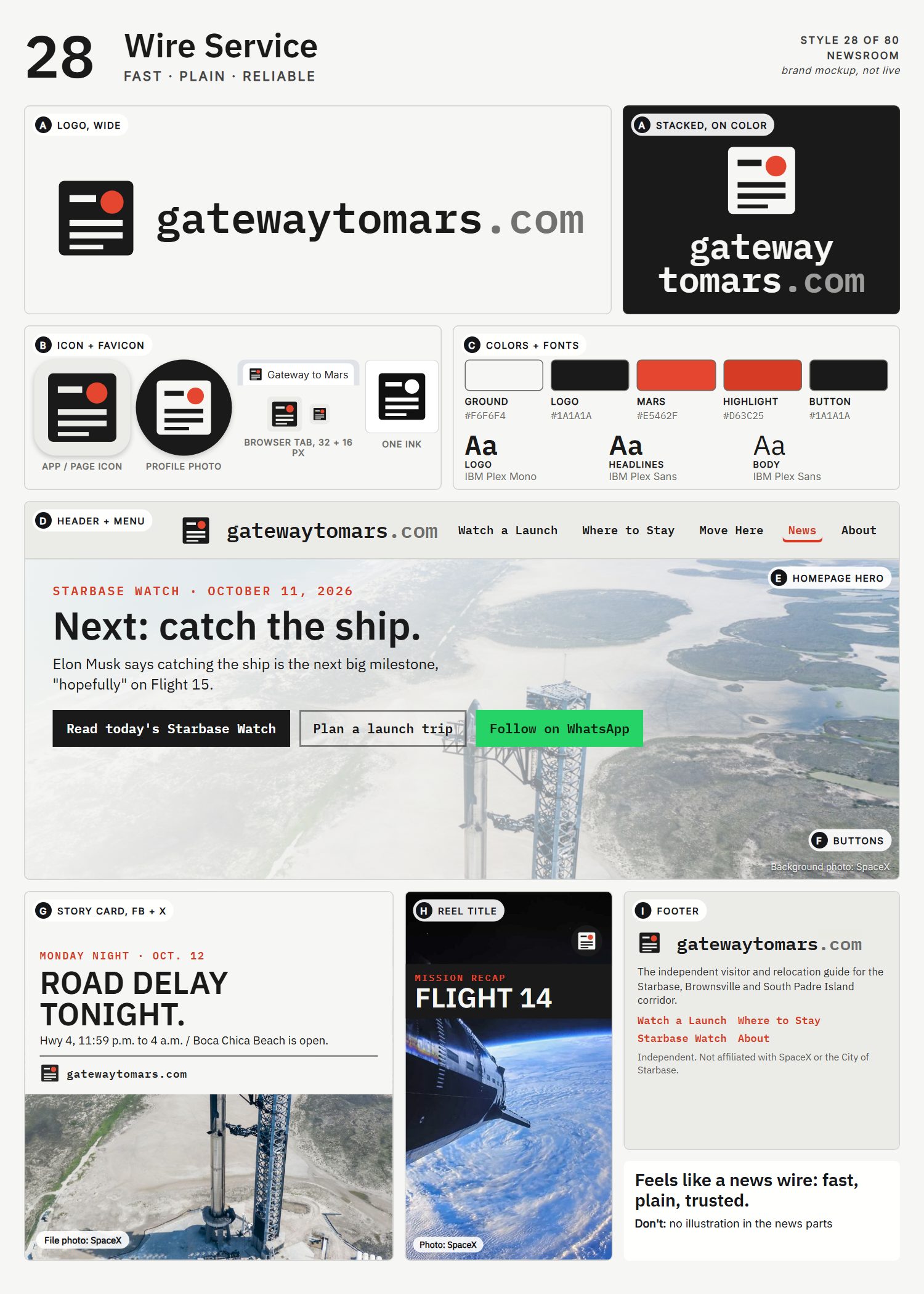 Style 28, Wire Service, full page: logo, icons, colors and fonts, site header, homepage, buttons, story card, reel title and footer