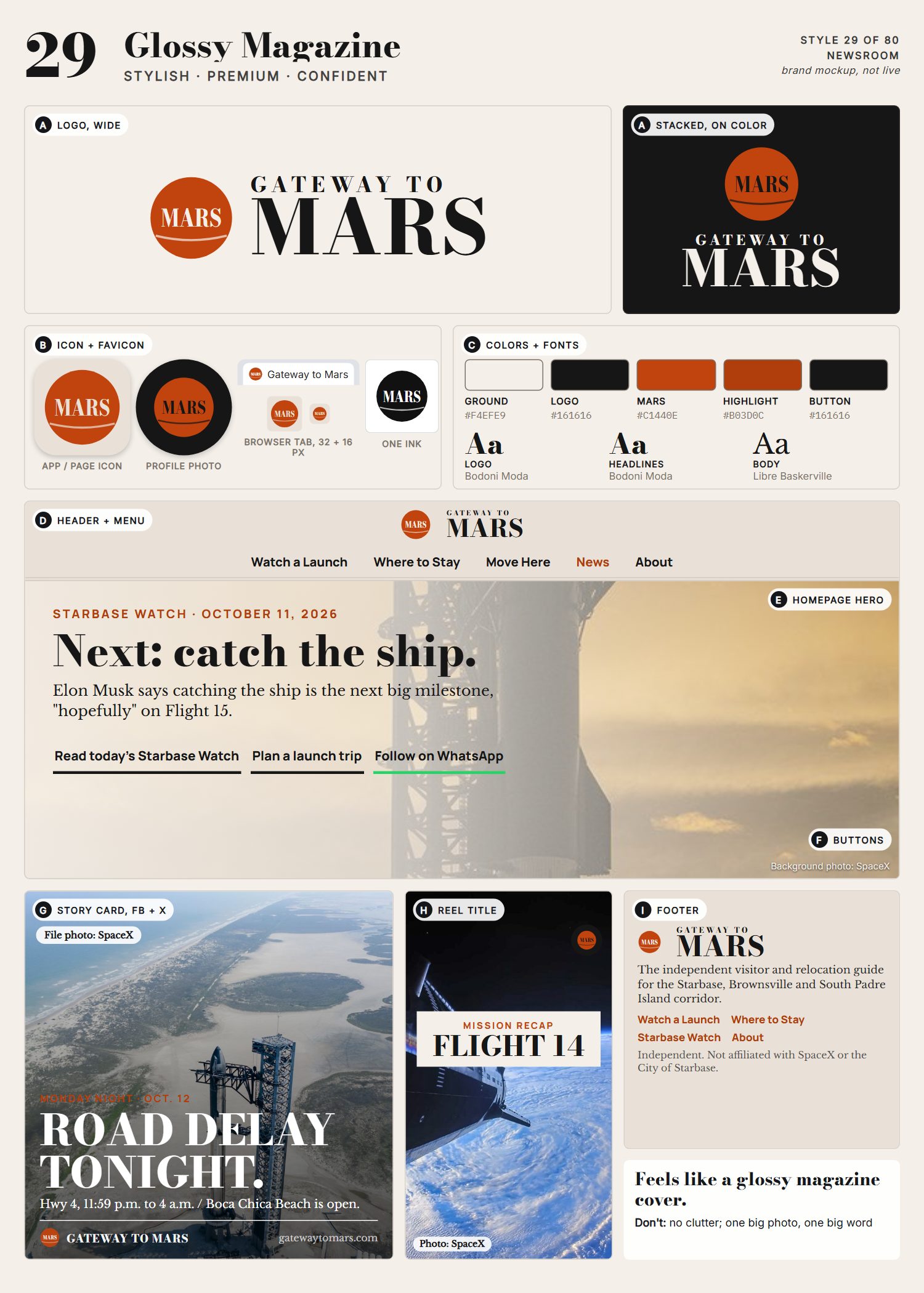Style 29, Glossy Magazine, full page: logo, icons, colors and fonts, site header, homepage, buttons, story card, reel title and footer