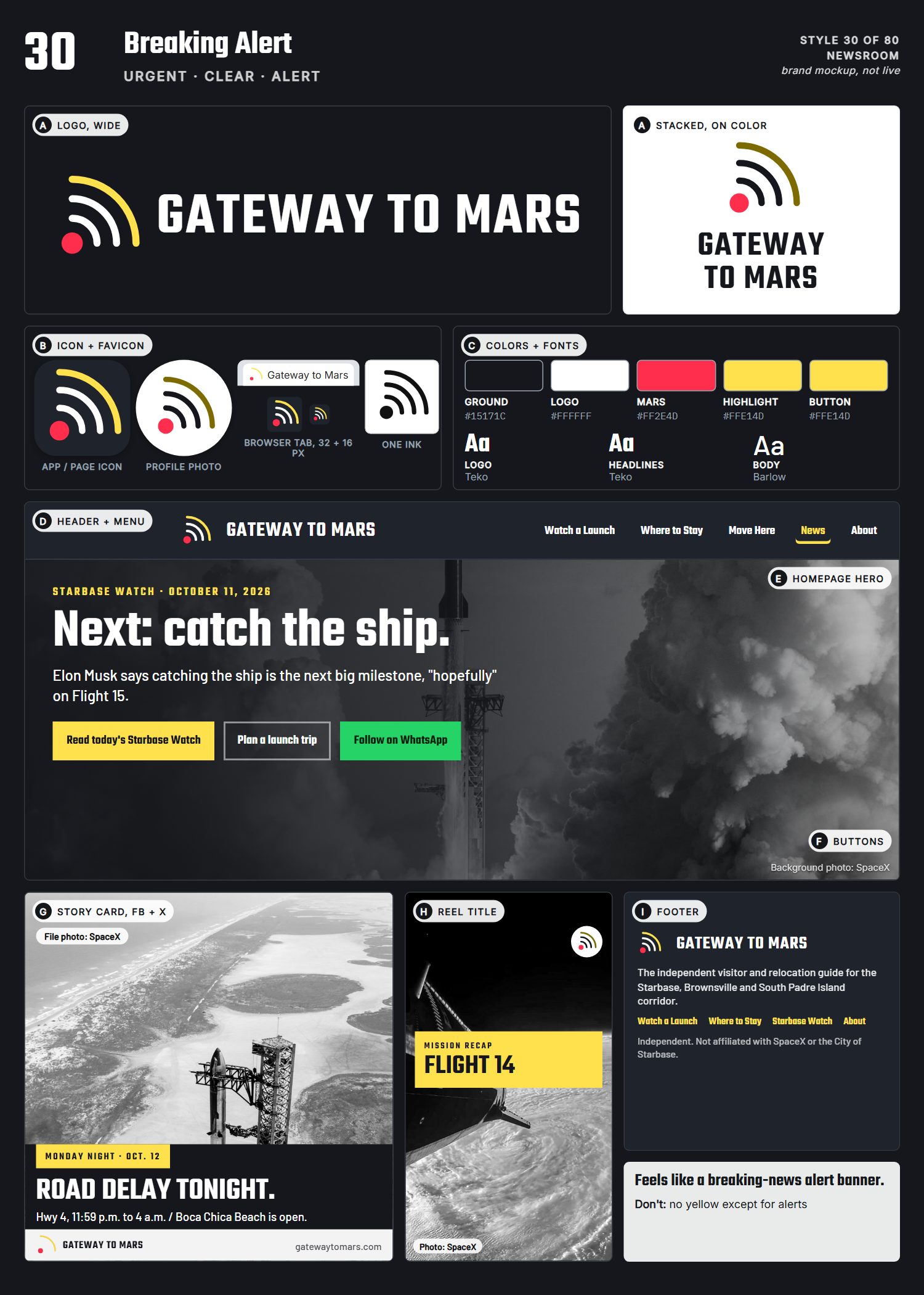 Style 30, Breaking Alert, full page: logo, icons, colors and fonts, site header, homepage, buttons, story card, reel title and footer