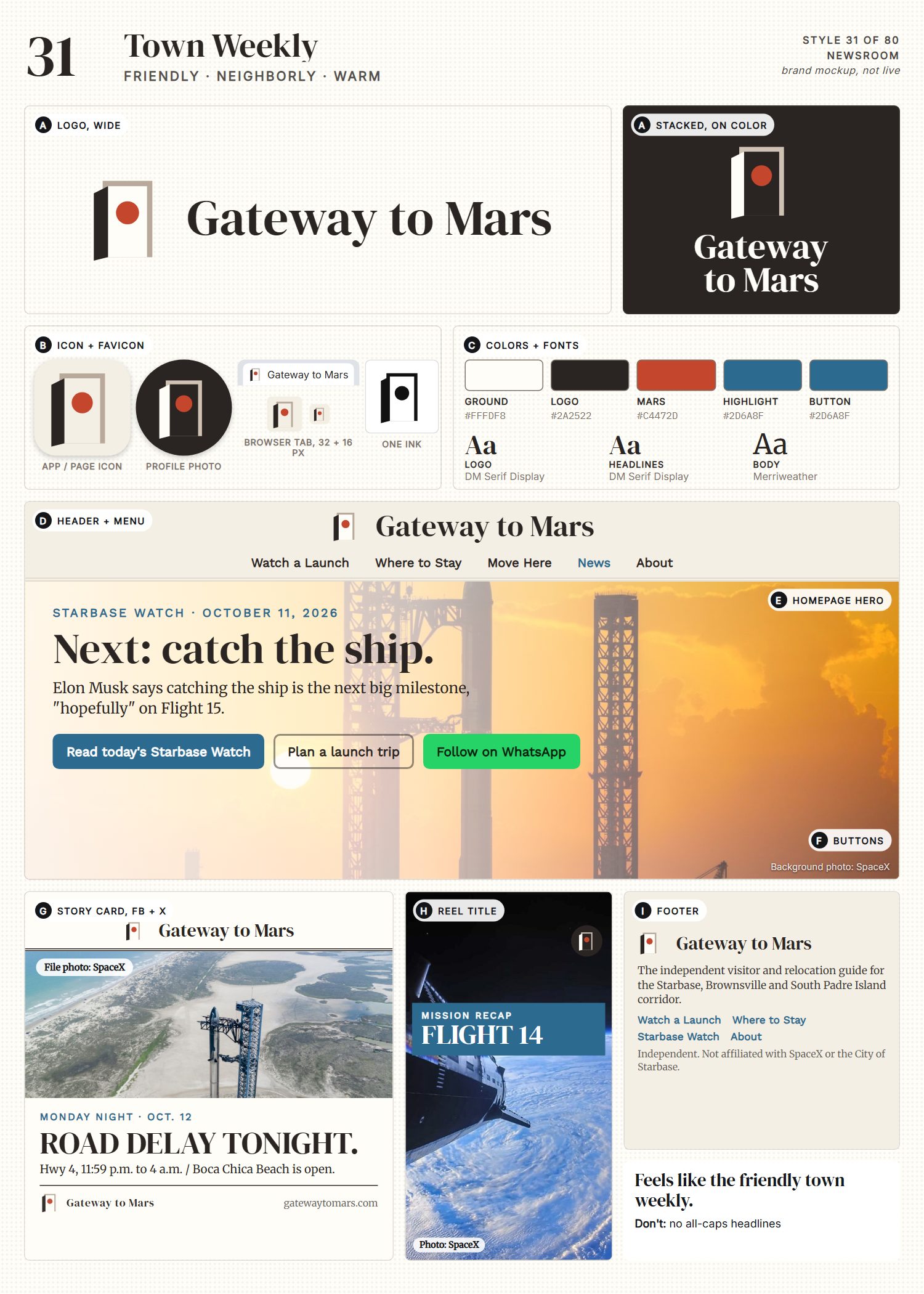 Style 31, Town Weekly, full page: logo, icons, colors and fonts, site header, homepage, buttons, story card, reel title and footer