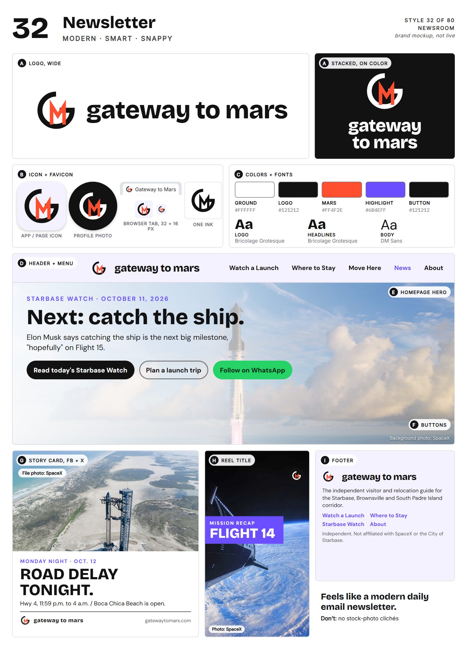 Style 32, Newsletter, full page: logo, icons, colors and fonts, site header, homepage, buttons, story card, reel title and footer