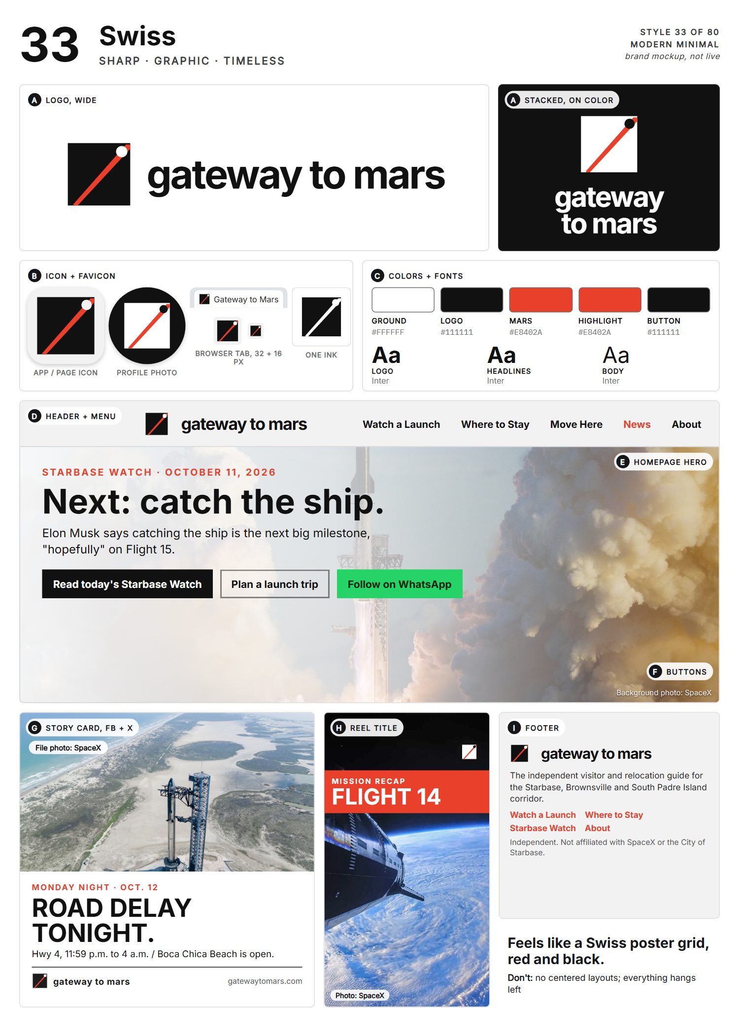 Style 33, Swiss, full page: logo, icons, colors and fonts, site header, homepage, buttons, story card, reel title and footer
