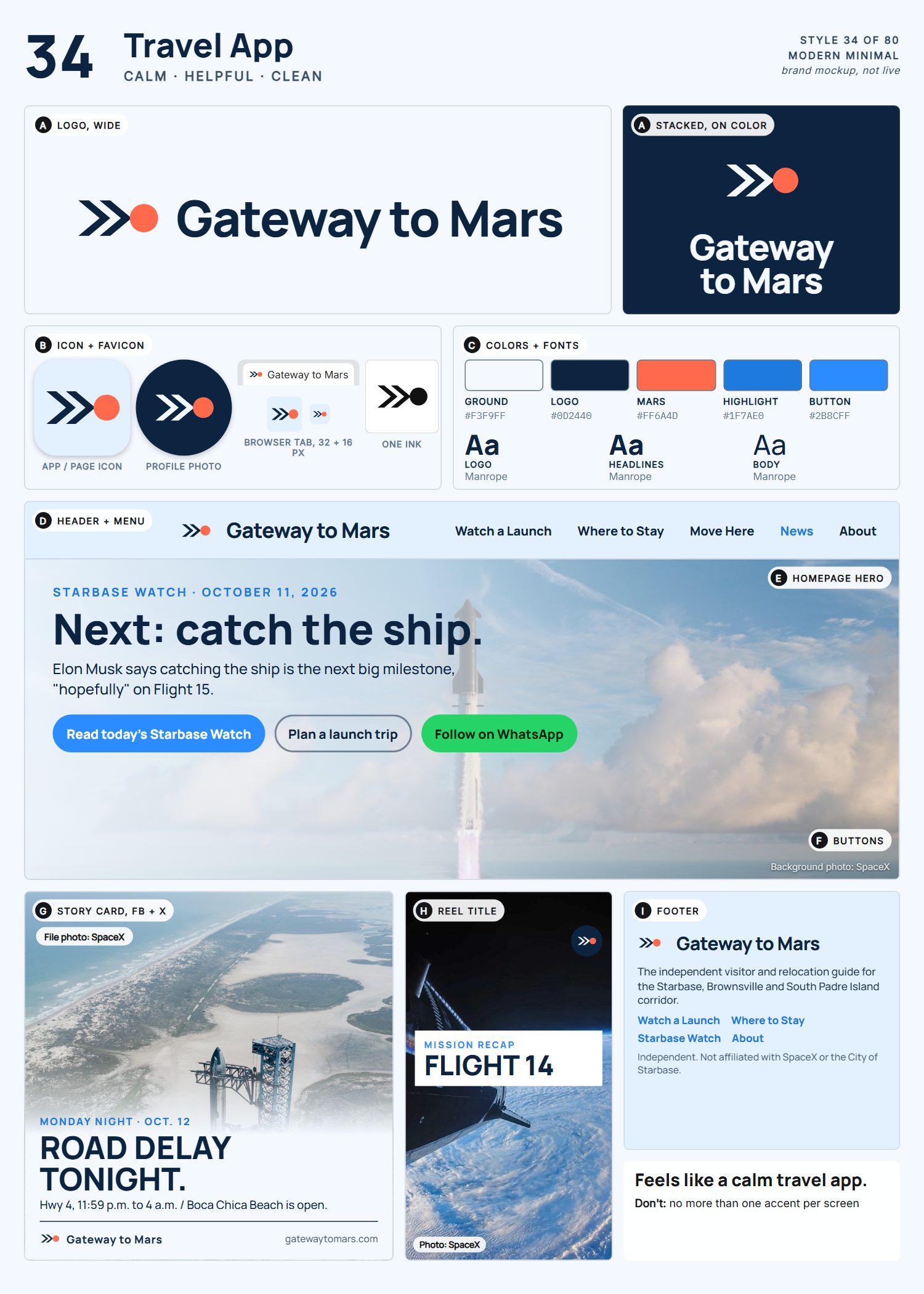 Style 34, Travel App, full page: logo, icons, colors and fonts, site header, homepage, buttons, story card, reel title and footer