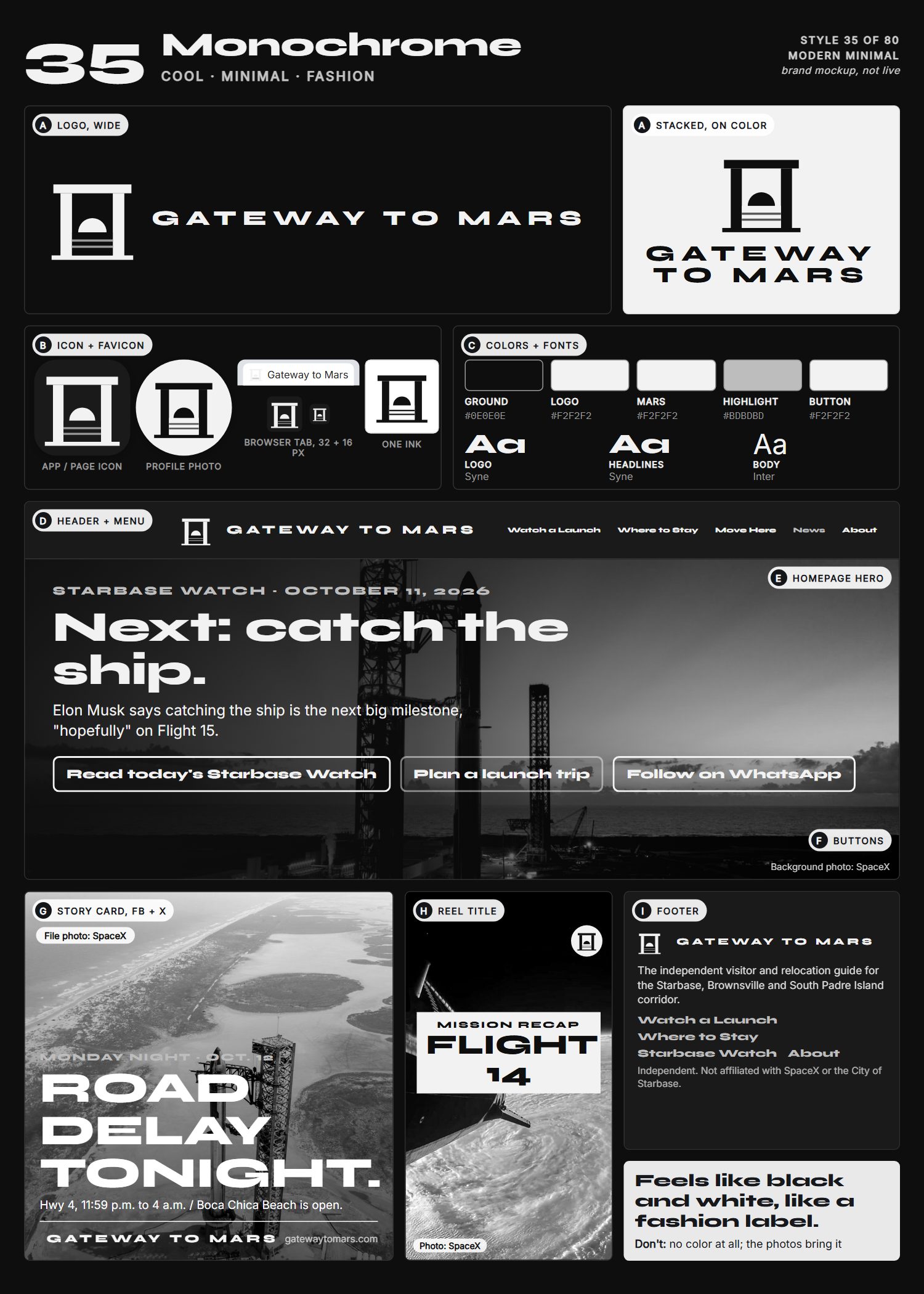 Style 35, Monochrome, full page: logo, icons, colors and fonts, site header, homepage, buttons, story card, reel title and footer
