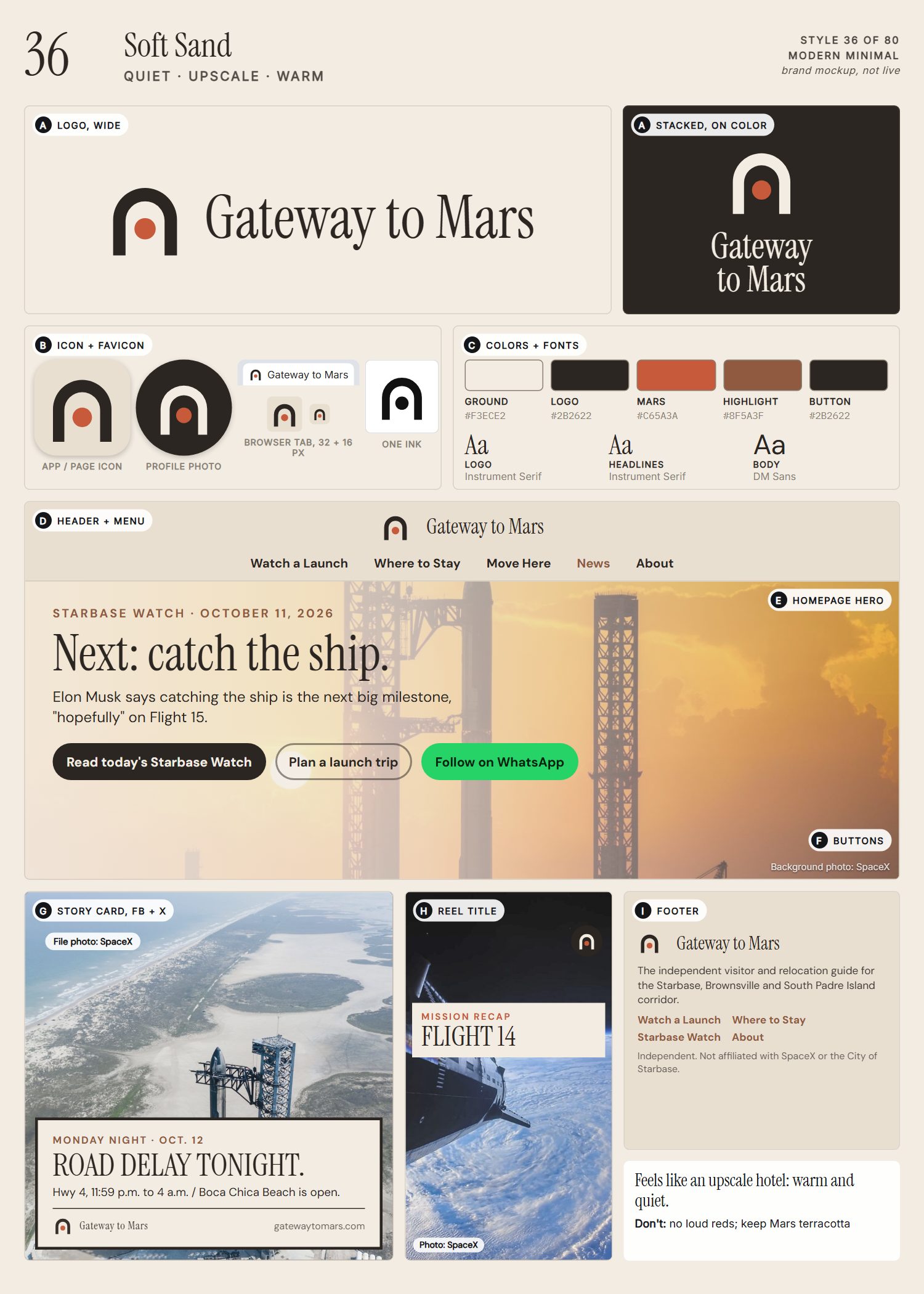 Style 36, Soft Sand, full page: logo, icons, colors and fonts, site header, homepage, buttons, story card, reel title and footer