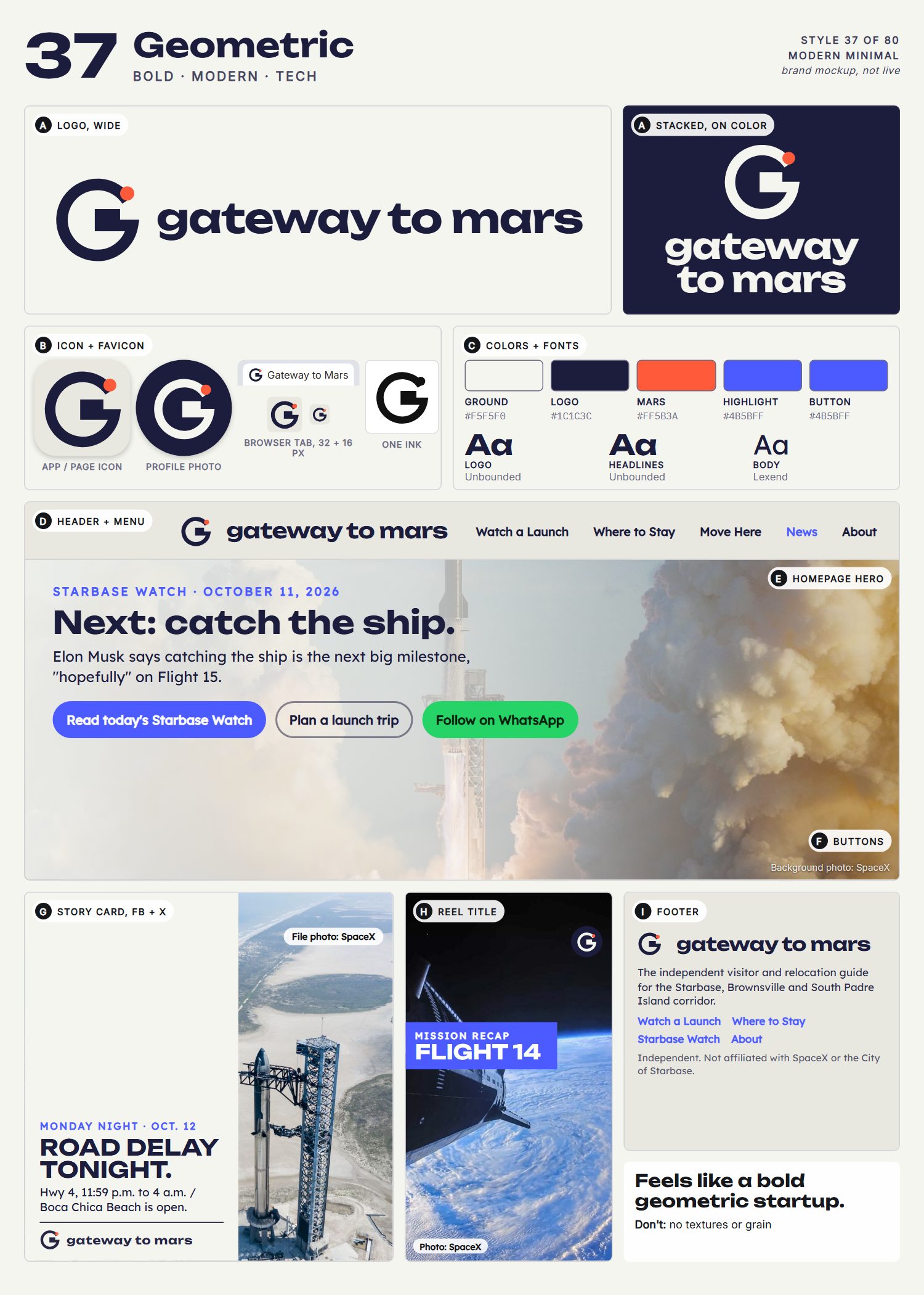 Style 37, Geometric, full page: logo, icons, colors and fonts, site header, homepage, buttons, story card, reel title and footer