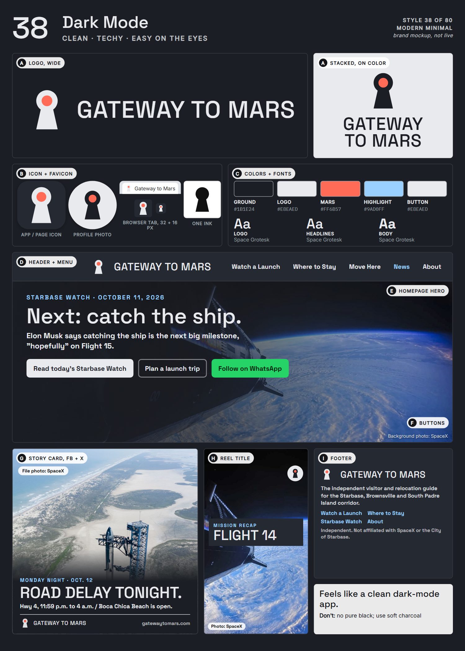 Style 38, Dark Mode, full page: logo, icons, colors and fonts, site header, homepage, buttons, story card, reel title and footer
