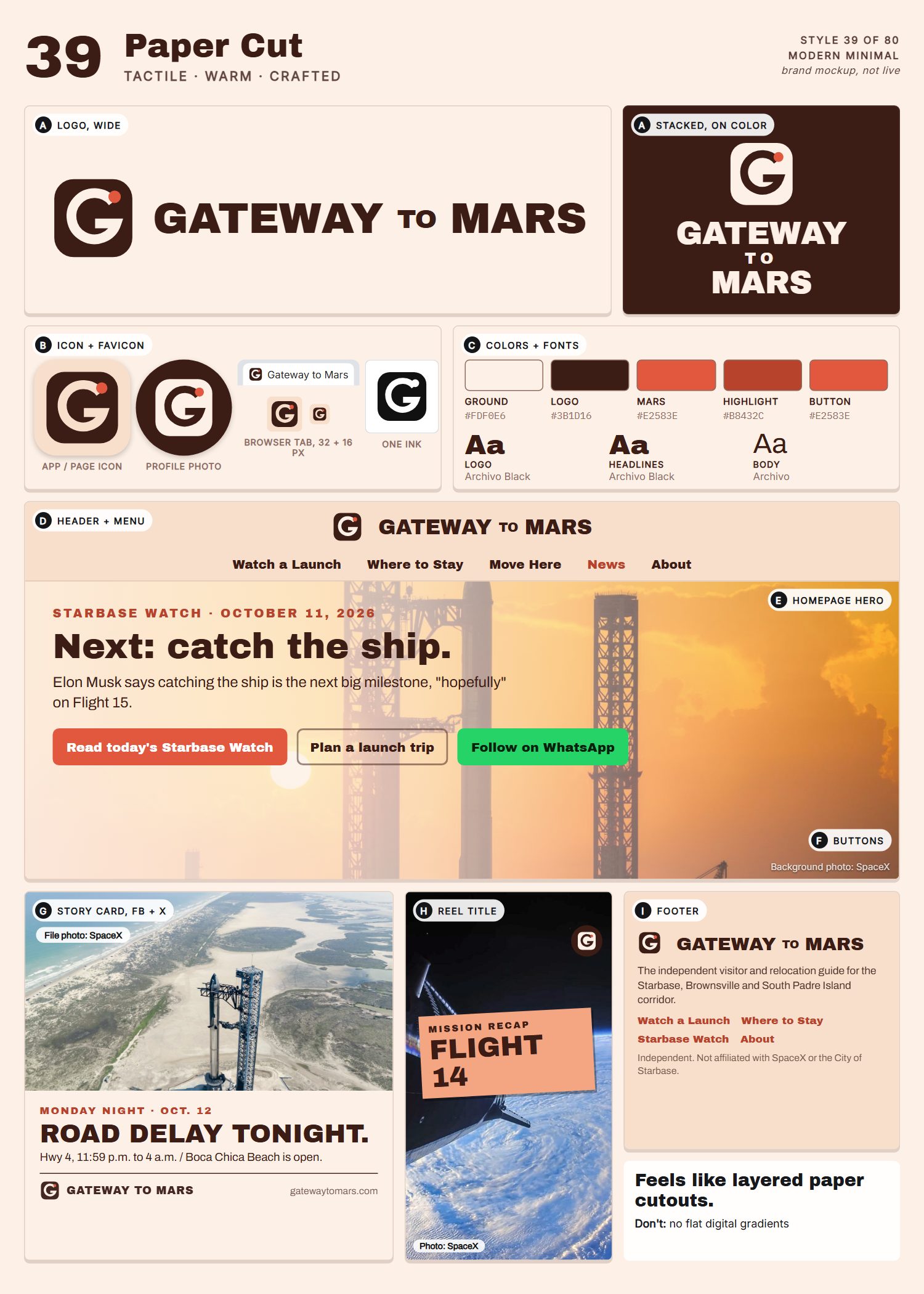 Style 39, Paper Cut, full page: logo, icons, colors and fonts, site header, homepage, buttons, story card, reel title and footer